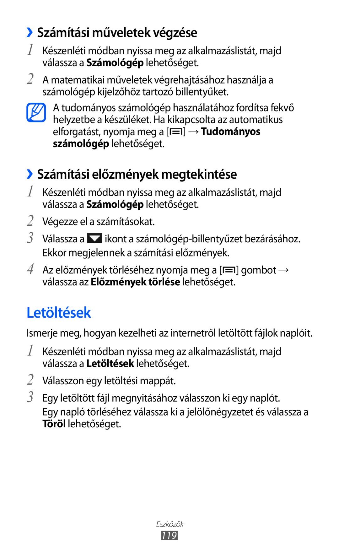 Samsung GT-I8530RWASWC, GT-I8530BAAEUR Letöltések, ››Számítási műveletek végzése, ››Számítási előzmények megtekintése, 119 