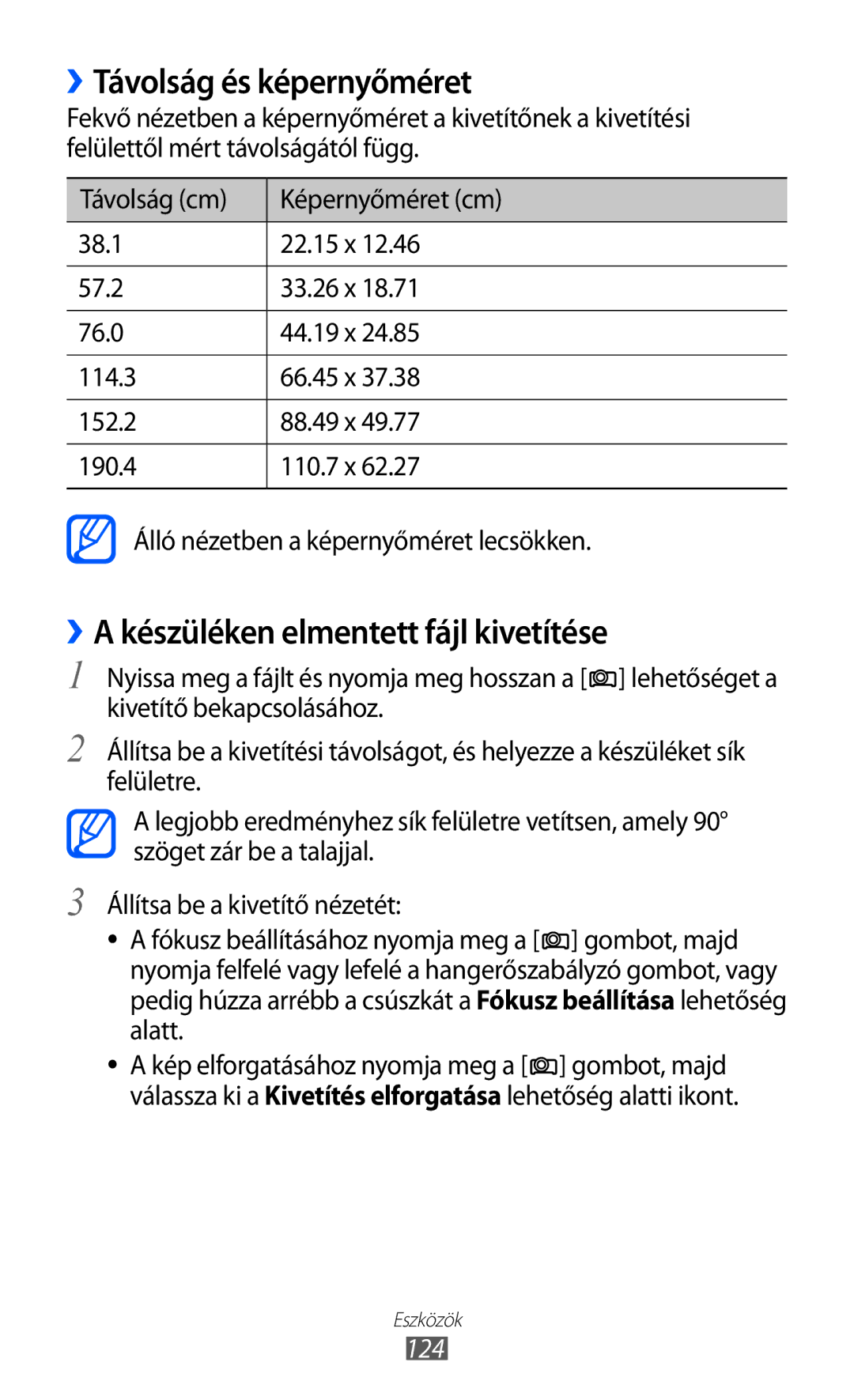 Samsung GT-I8530BAAVVT, GT-I8530BAAEUR manual ››Távolság és képernyőméret, ››A készüléken elmentett fájl kivetítése, 124 