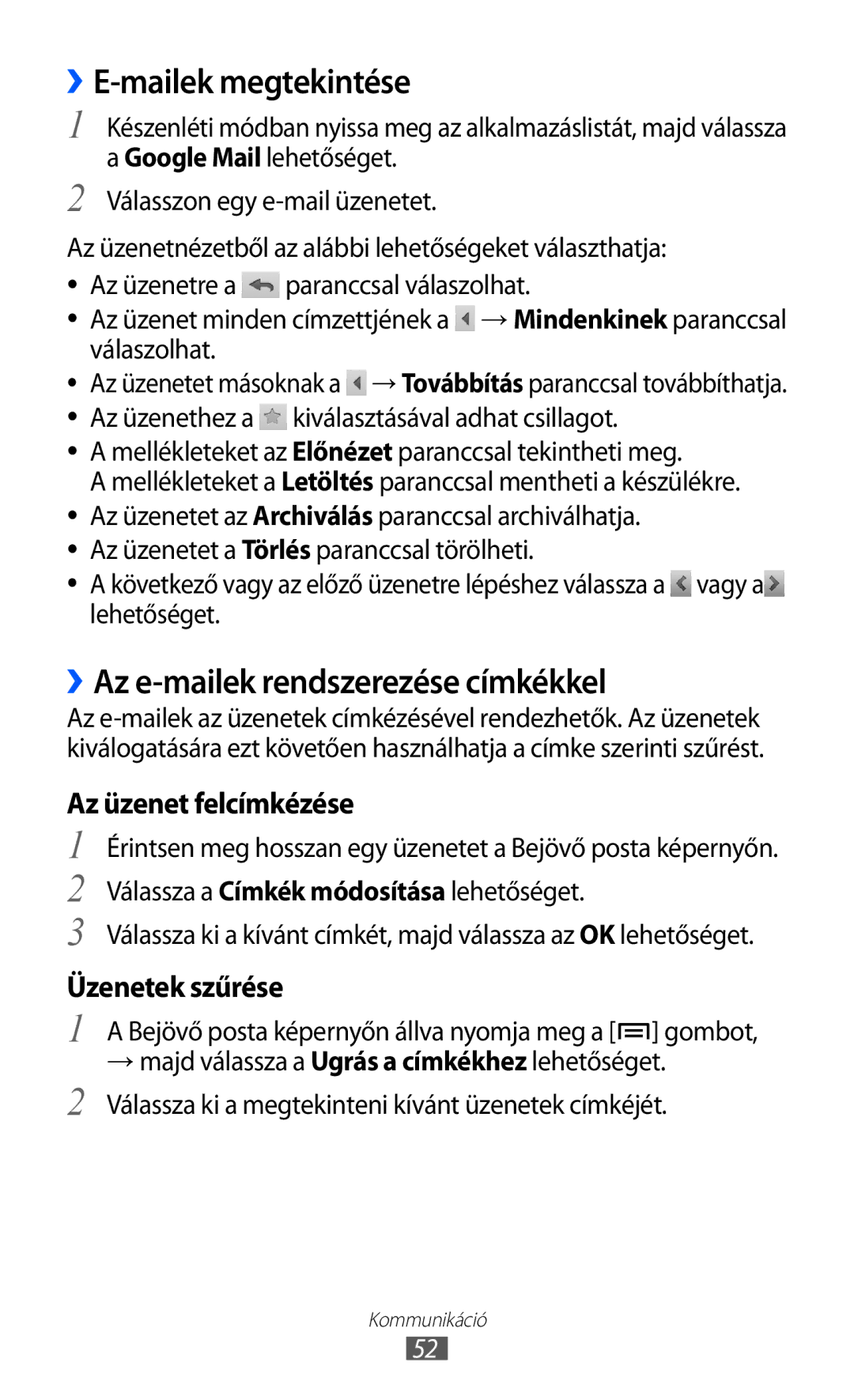 Samsung GT-I8530BAAAUT manual ››E-mailek megtekintése, ››Az e-mailek rendszerezése címkékkel, Az üzenet felcímkézése 