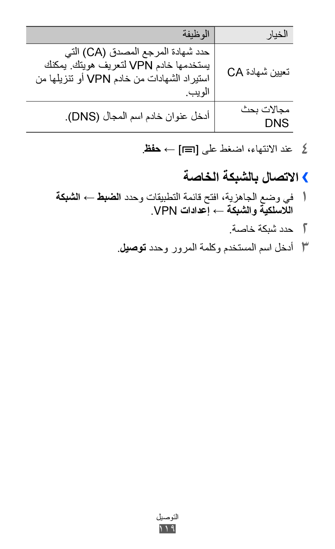 Samsung GT-I8530BAAJED manual ةصاخلا ةكبشلاب لاصتلاا››, ظفح, ىلع طغضا ،ءاهتنلاا دنع 4, Vpn تادادعإ ← ةكبشلاو ةيكلسلالا 