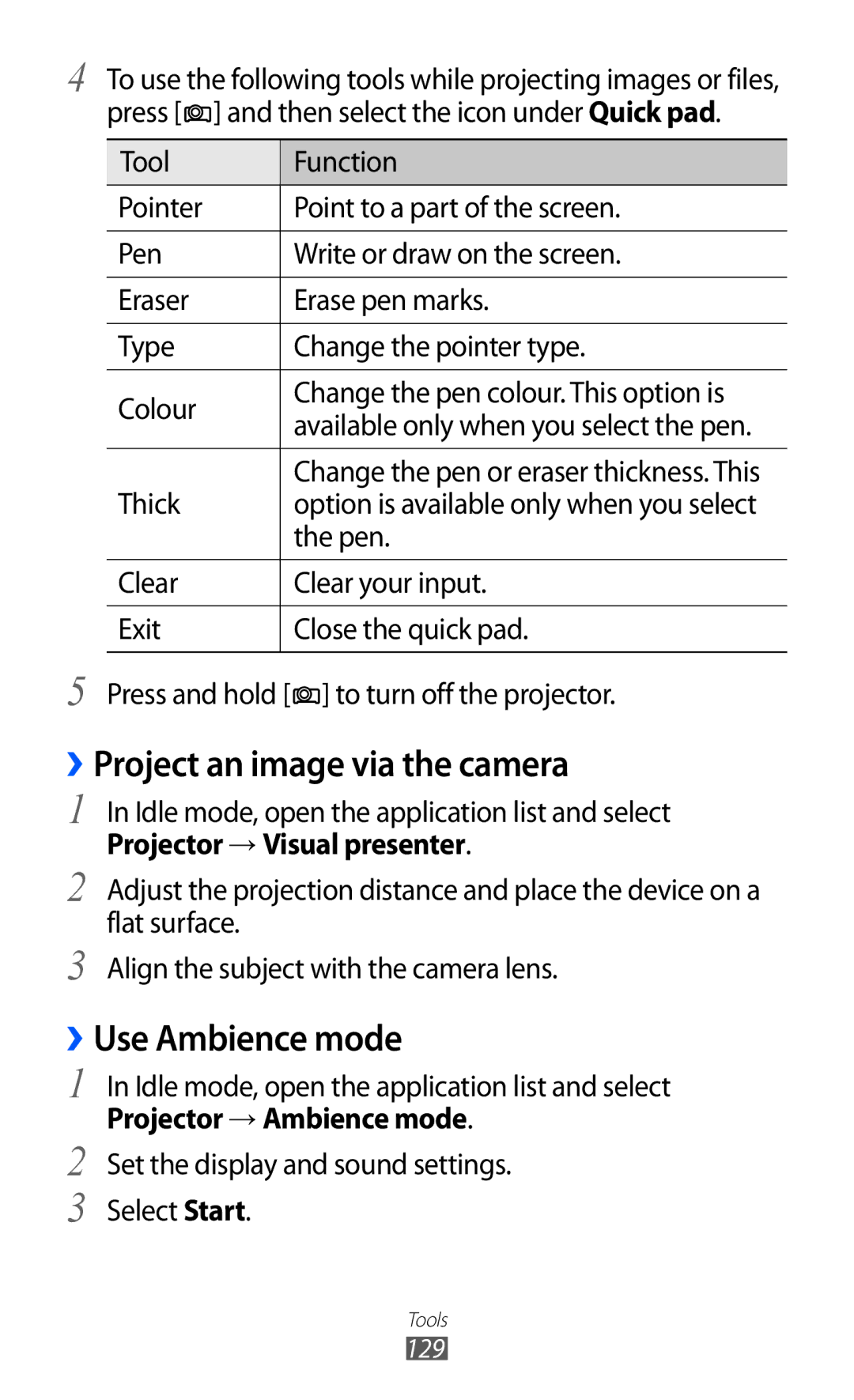 Samsung GT-I8530BAAJED manual ››Project an image via the camera, ››Use Ambience mode, Thick, Projector → Ambience mode 