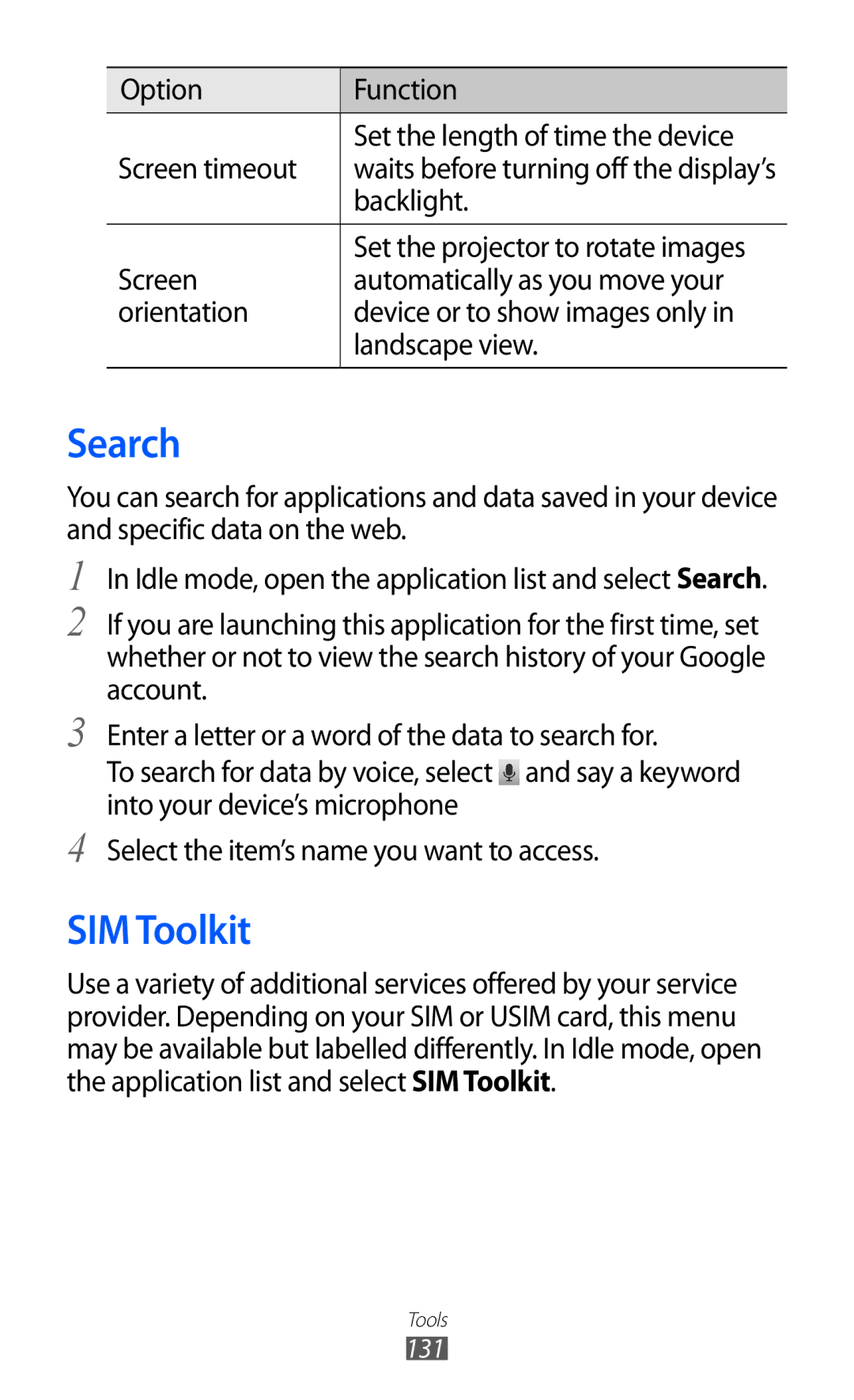 Samsung GT-I8530RWAXEV, GT-I8530BAAKSA, GT-I8530RWAJED, GT-I8530RWAKSA, GT-I8530BAAJED manual Search, SIM Toolkit, Backlight 