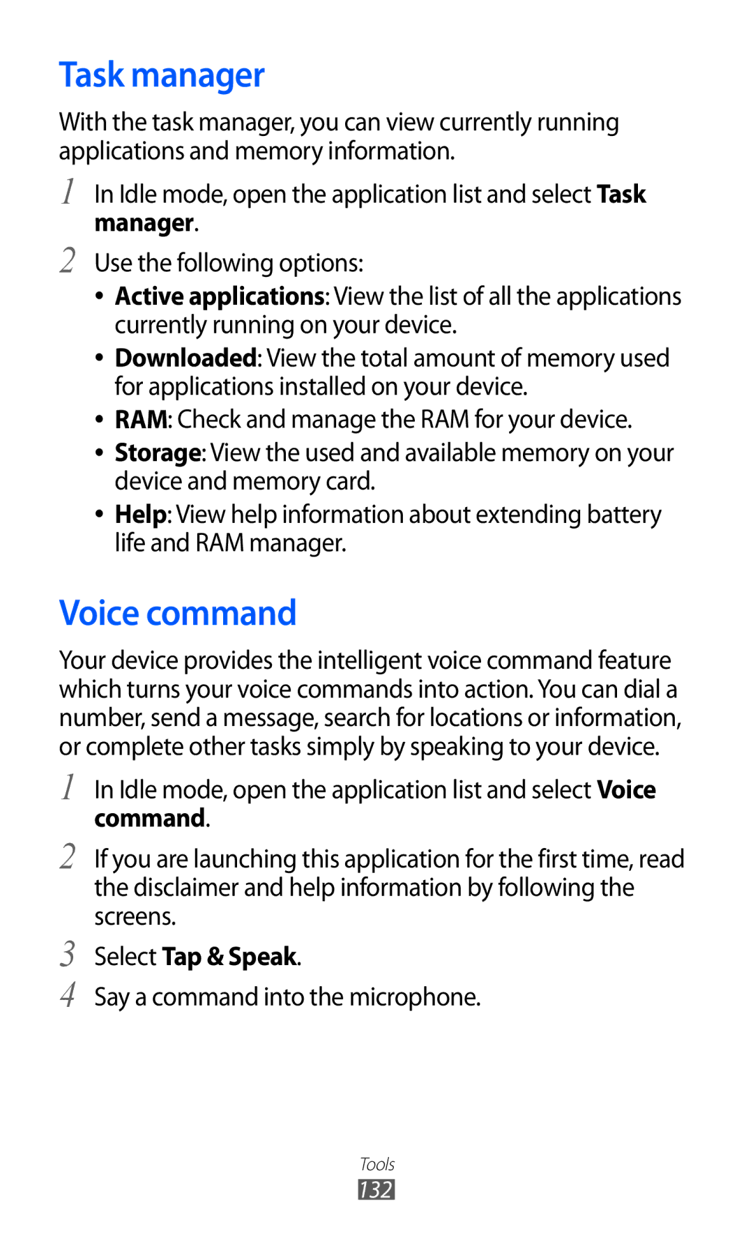 Samsung GT-I8530BAAXXV, GT-I8530BAAKSA Task manager, Voice command, Select Tap & Speak, Say a command into the microphone 