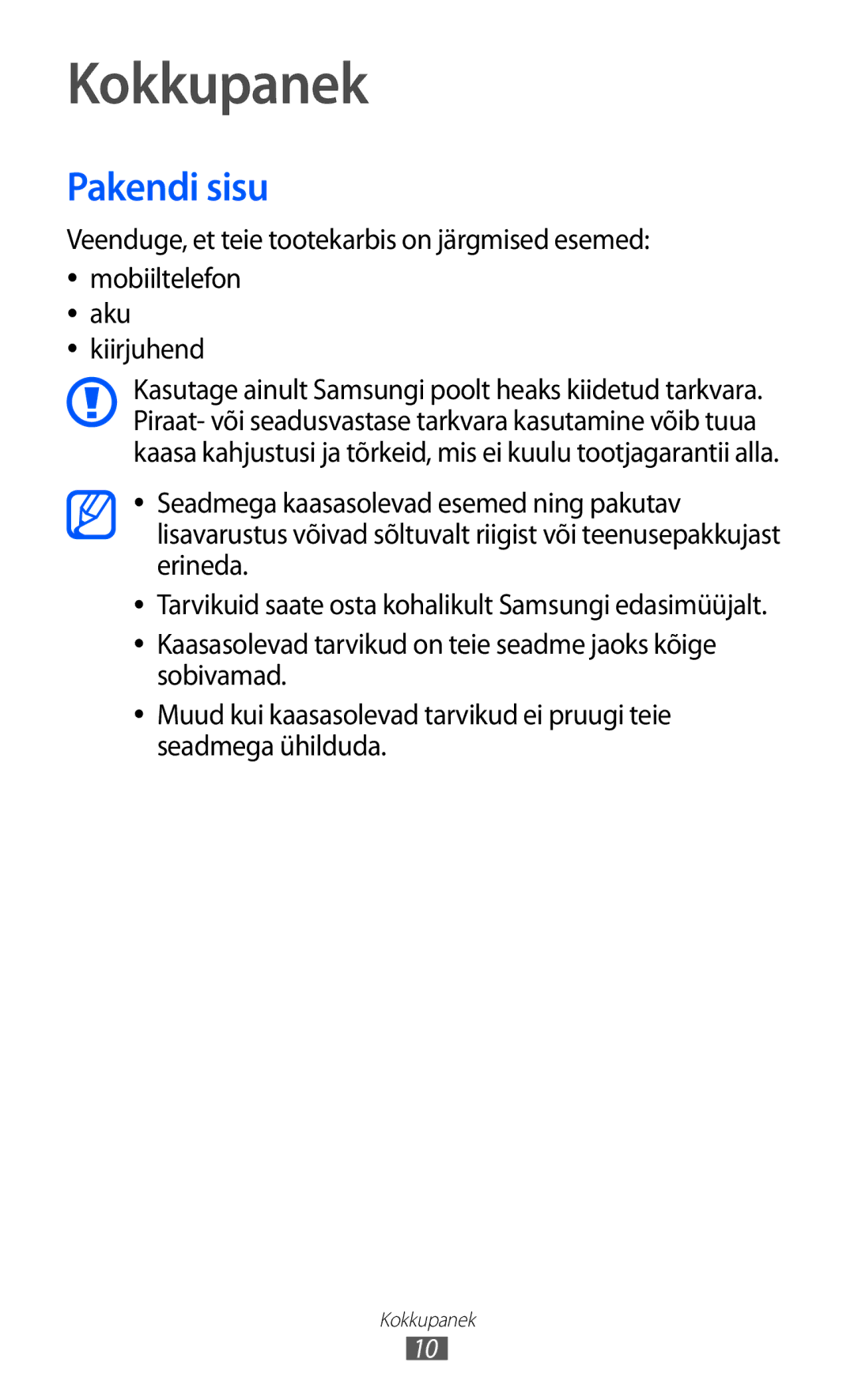 Samsung GT-I8530BAASEB manual Kokkupanek, Pakendi sisu 