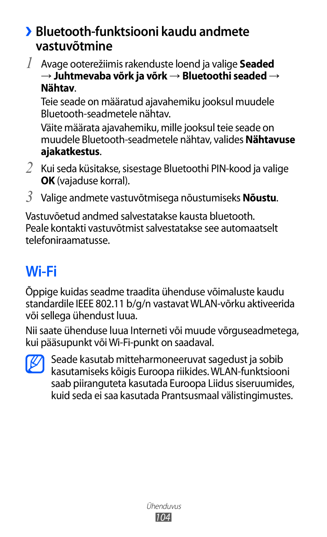 Samsung GT-I8530BAASEB manual Wi-Fi, ››Bluetooth-funktsiooni kaudu andmete vastuvõtmine, 104 