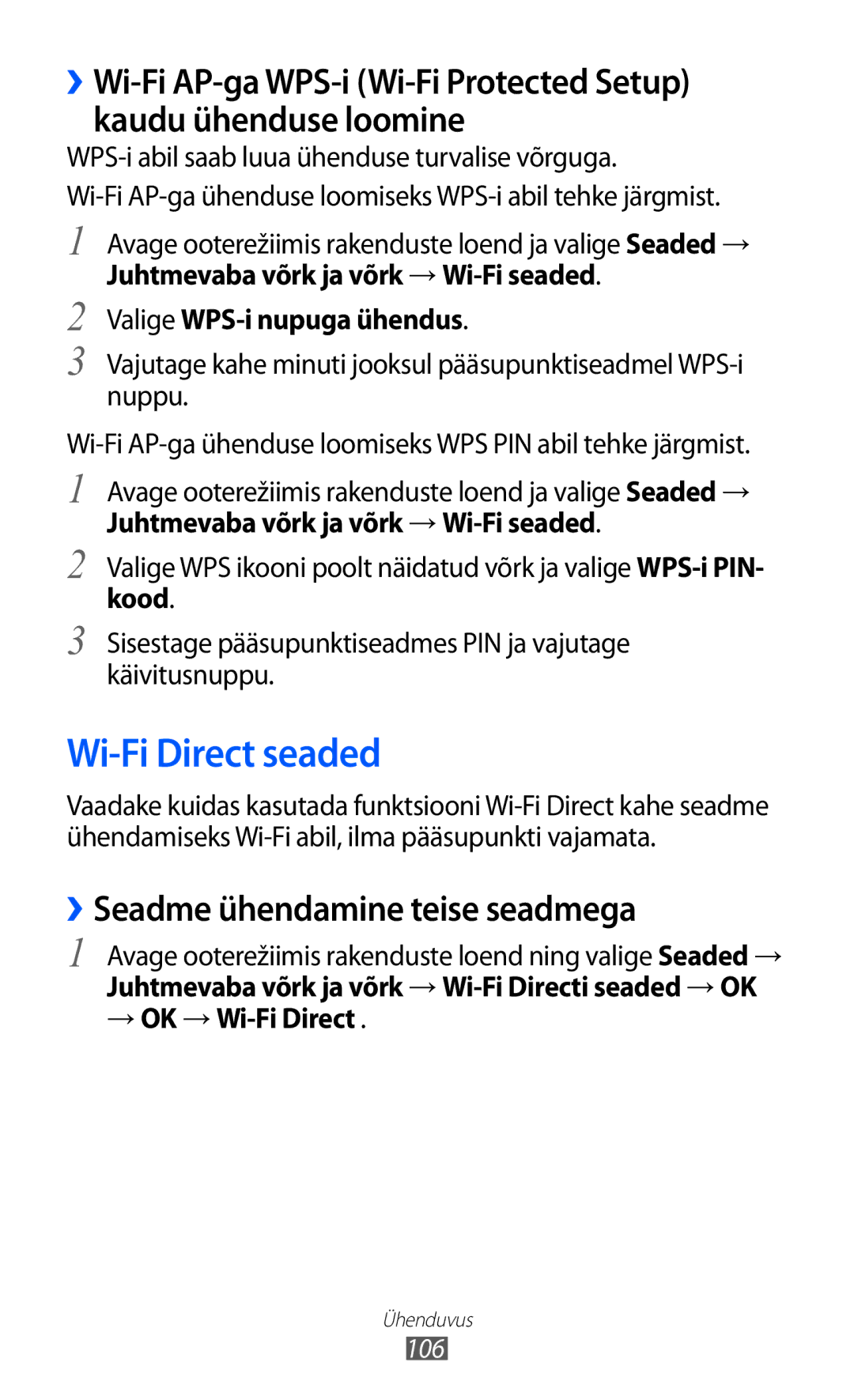 Samsung GT-I8530BAASEB manual Wi-Fi Direct seaded, ››Seadme ühendamine teise seadmega, Kood, → OK → Wi-Fi Direct 