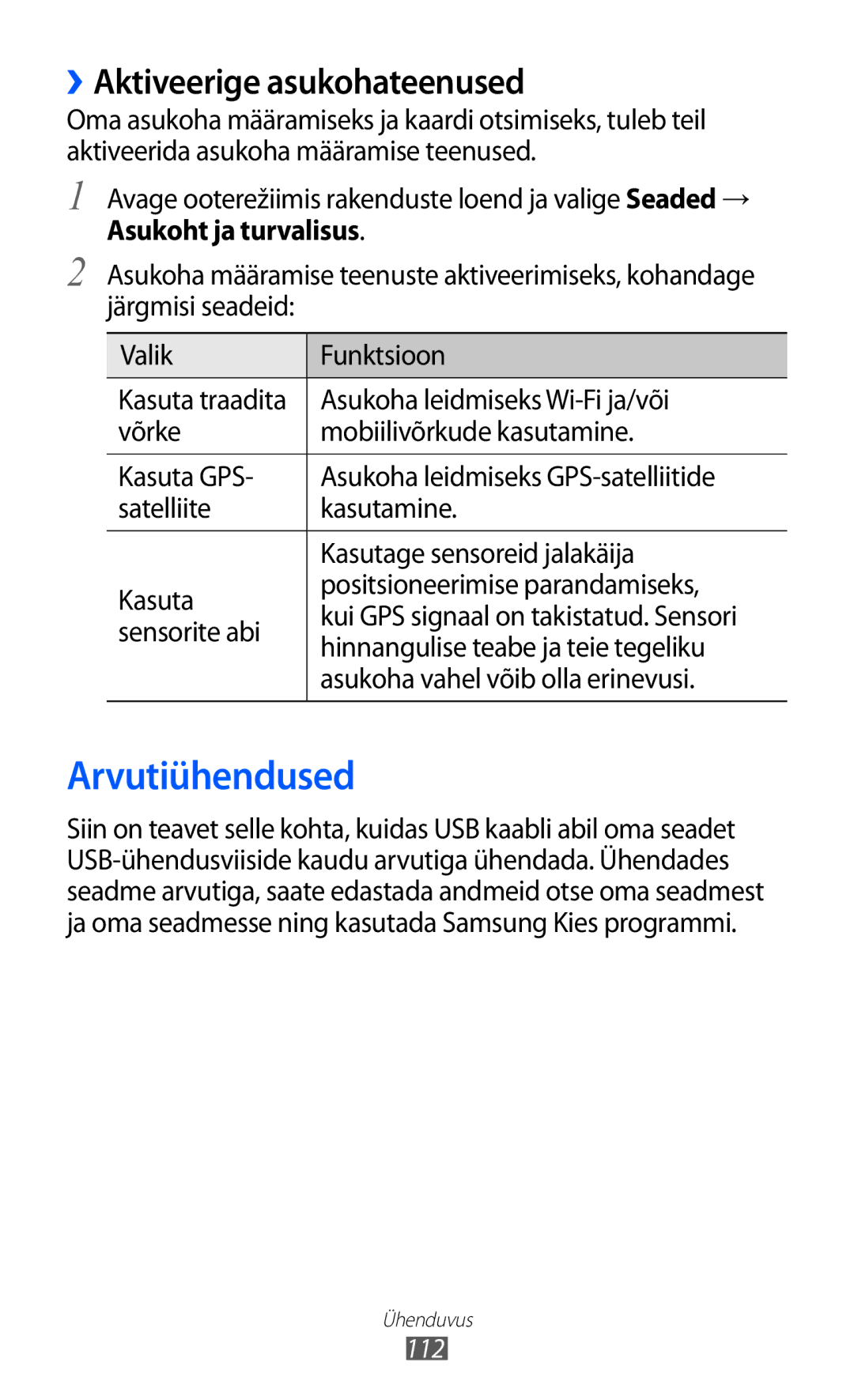 Samsung GT-I8530BAASEB manual Arvutiühendused, ››Aktiveerige asukohateenused, Asukoht ja turvalisus 