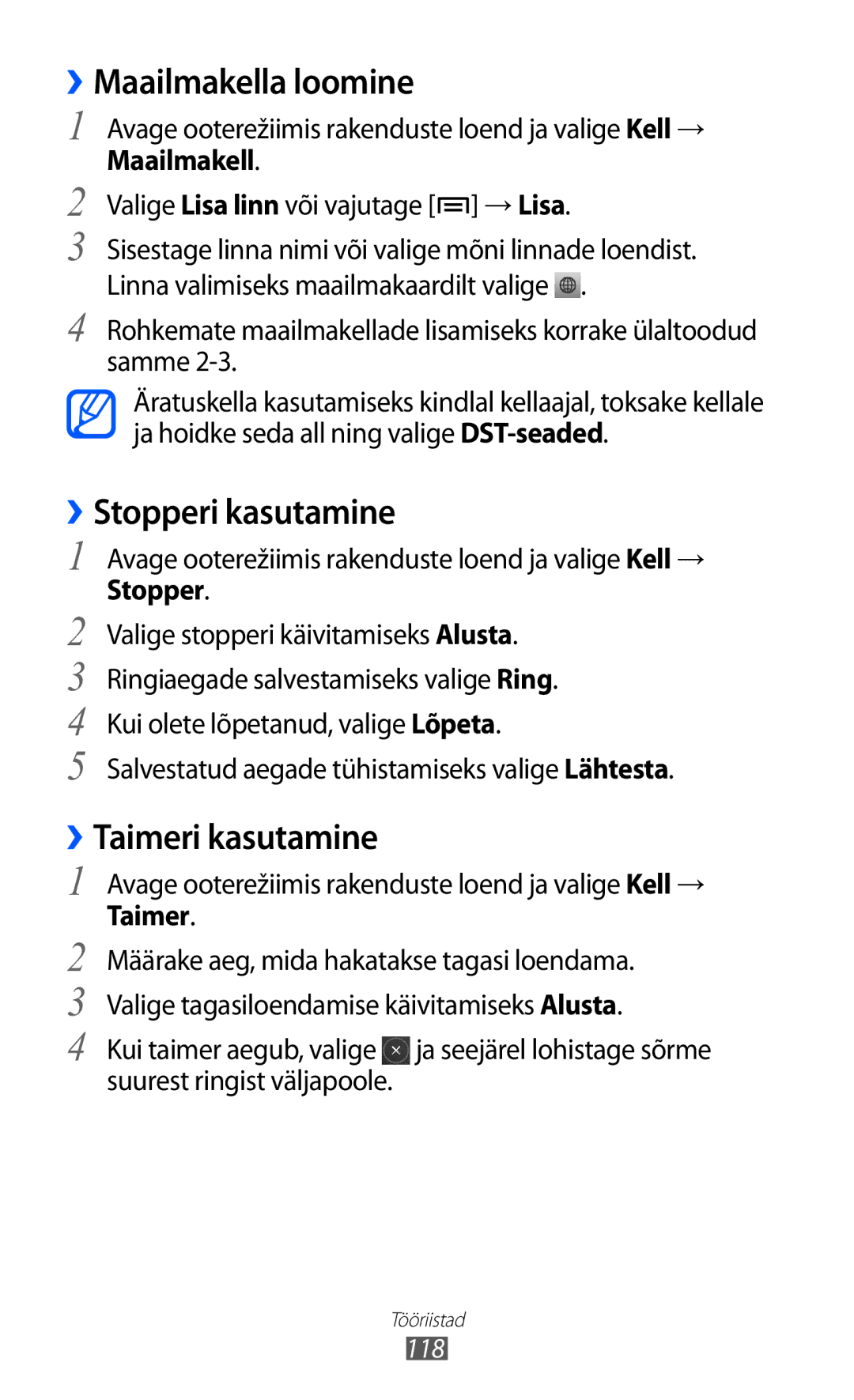 Samsung GT-I8530BAASEB manual ››Maailmakella loomine, ››Stopperi kasutamine, ››Taimeri kasutamine 