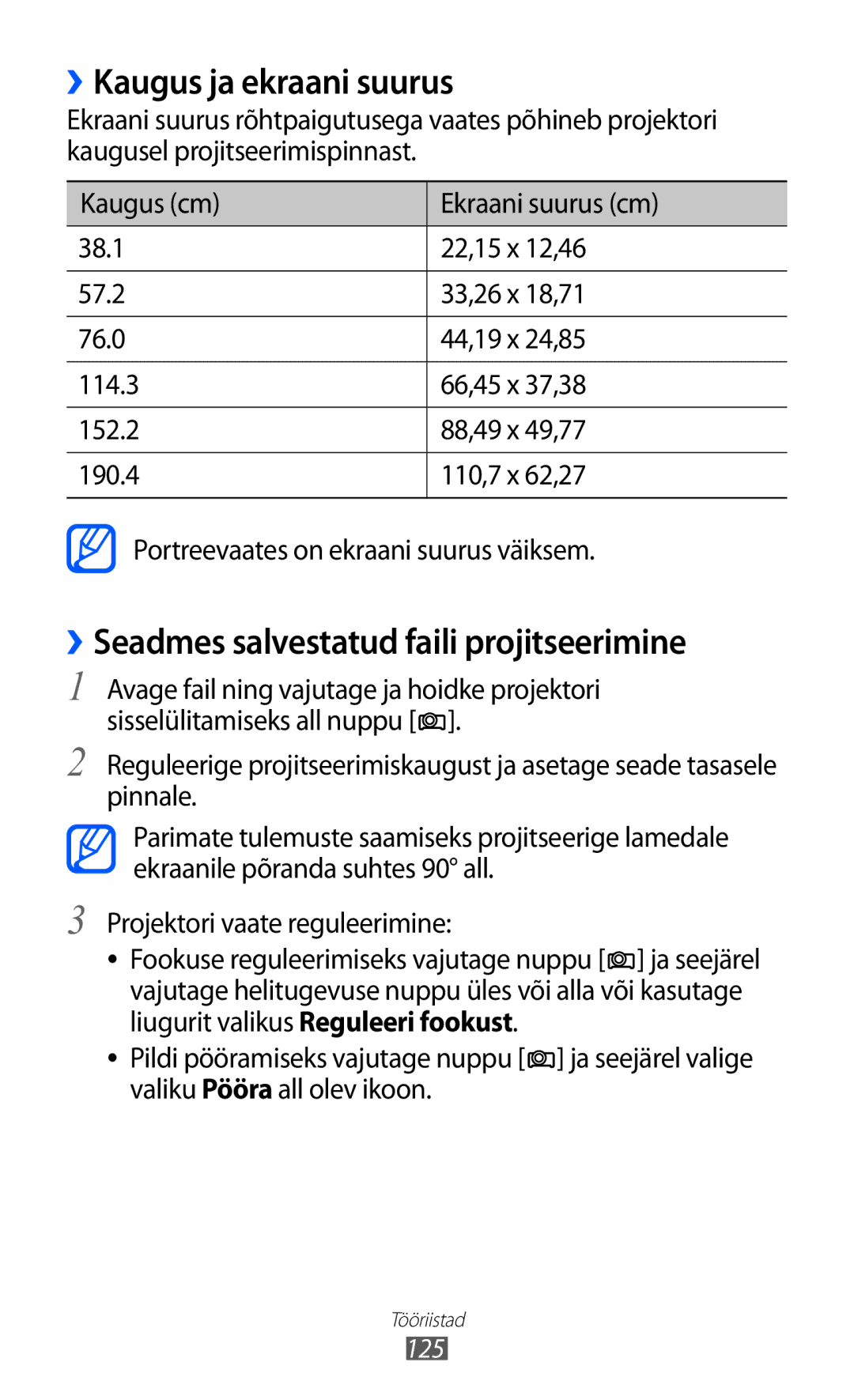 Samsung GT-I8530BAASEB manual ››Kaugus ja ekraani suurus, ››Seadmes salvestatud faili projitseerimine, 125 