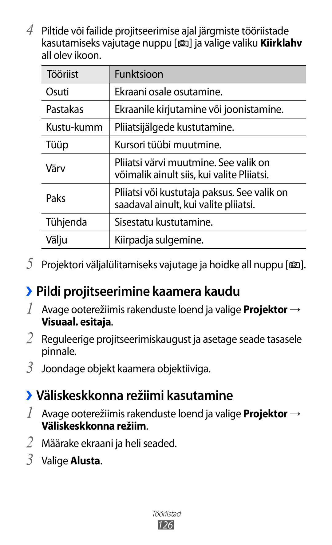 Samsung GT-I8530BAASEB manual ››Pildi projitseerimine kaamera kaudu, ››Väliskeskkonna režiimi kasutamine, Visuaal. esitaja 