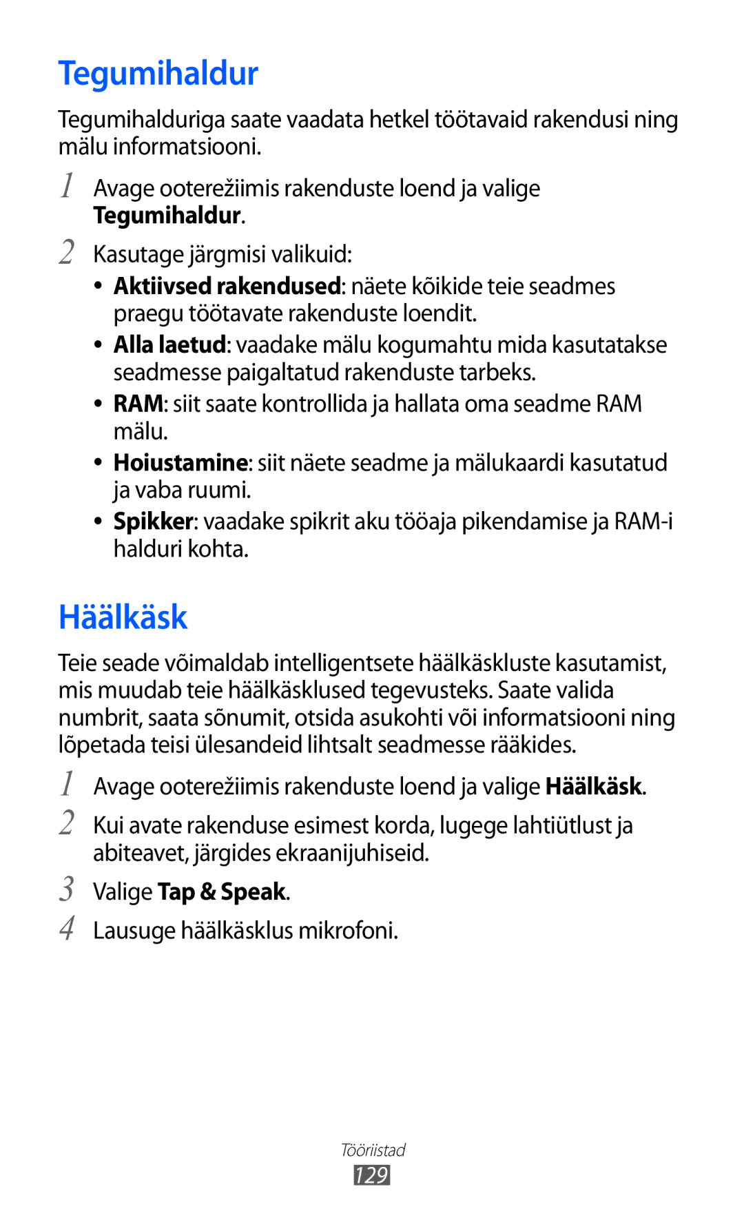 Samsung GT-I8530BAASEB manual Tegumihaldur, Häälkäsk, Valige Tap & Speak, Lausuge häälkäsklus mikrofoni, 129 