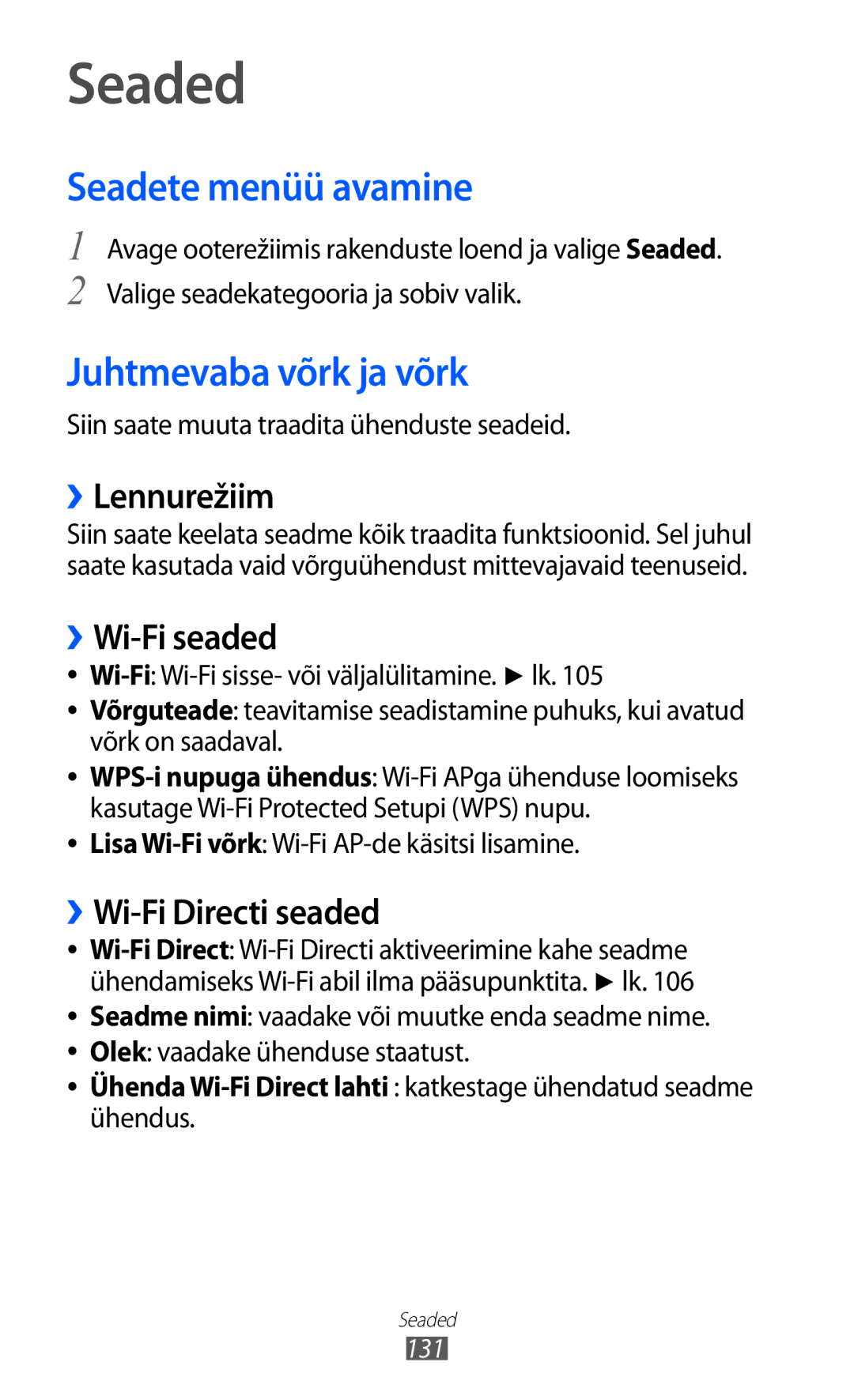 Samsung GT-I8530BAASEB manual Seaded, Seadete menüü avamine, Juhtmevaba võrk ja võrk 