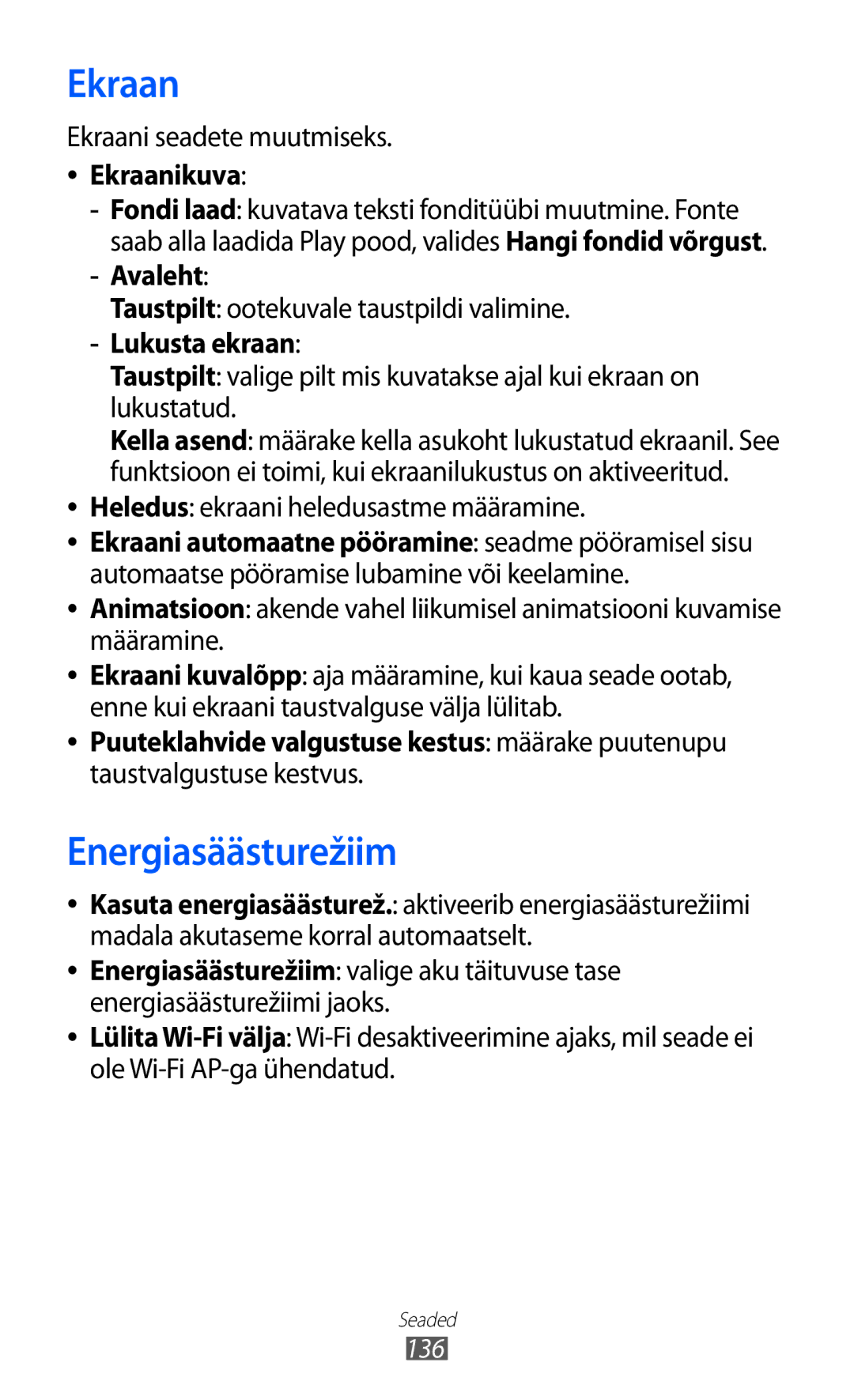 Samsung GT-I8530BAASEB manual Ekraan, Energiasäästurežiim 