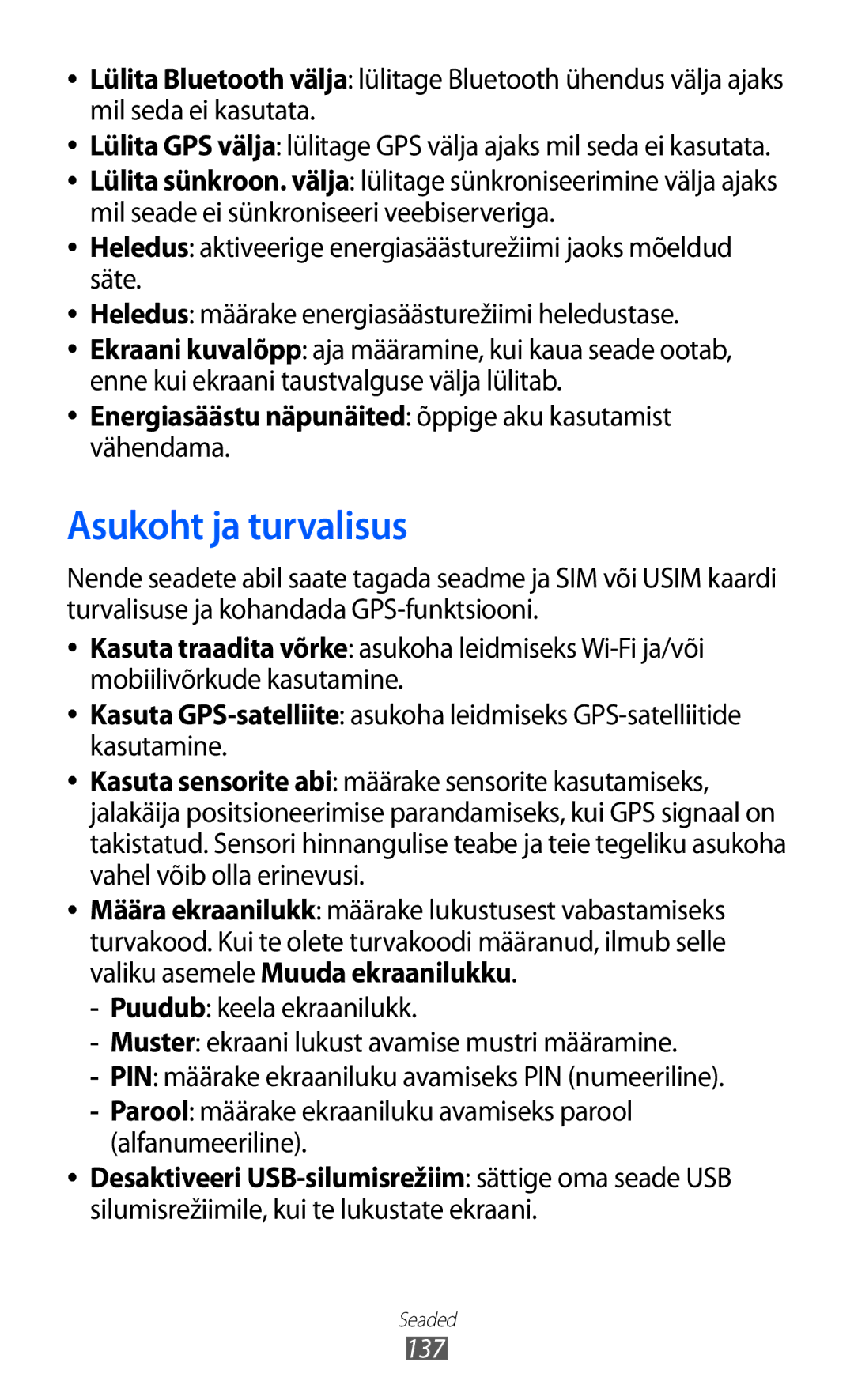 Samsung GT-I8530BAASEB manual Asukoht ja turvalisus, Energiasäästu näpunäited õppige aku kasutamist, Vähendama, 137 