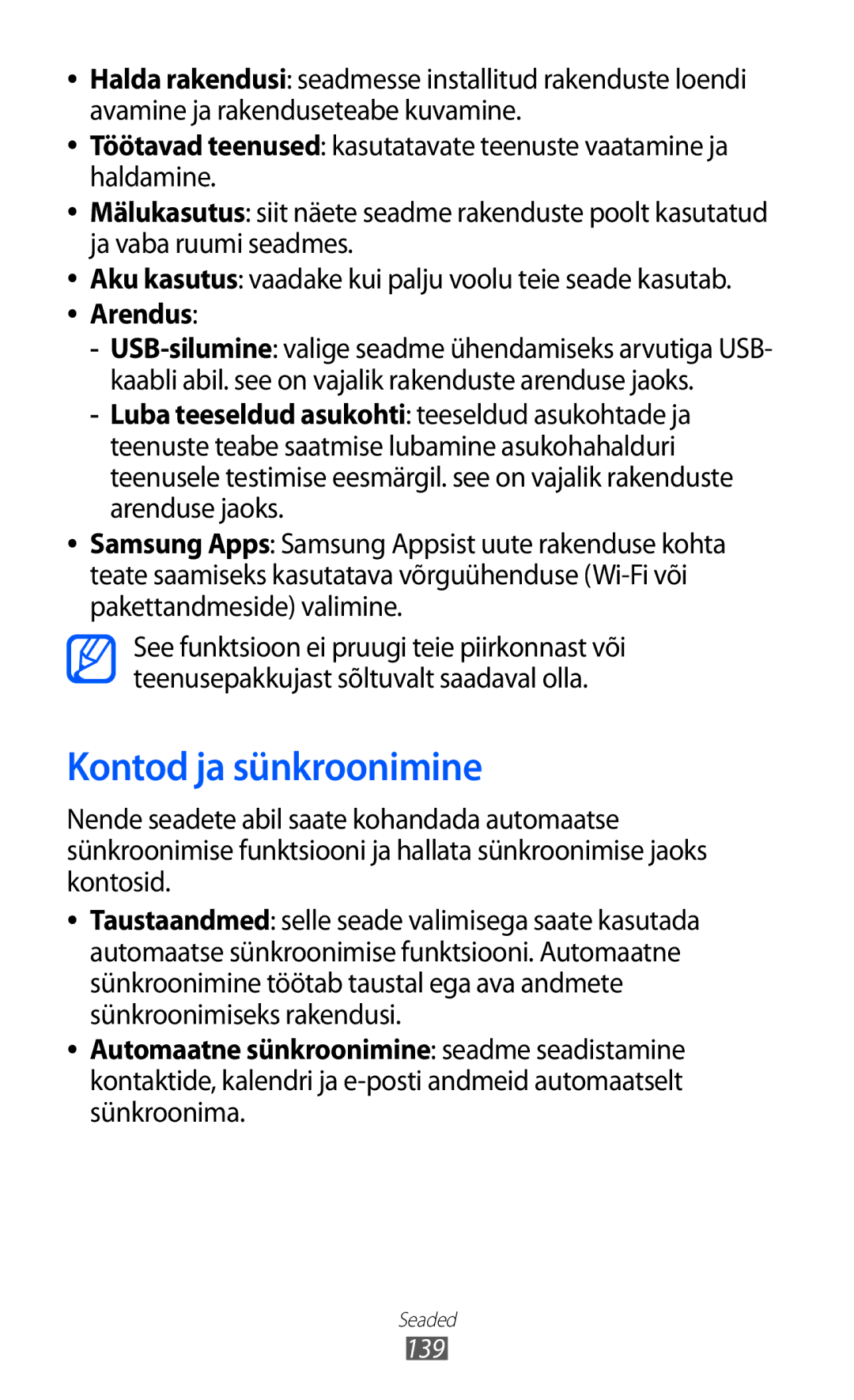 Samsung GT-I8530BAASEB manual Kontod ja sünkroonimine, 139 