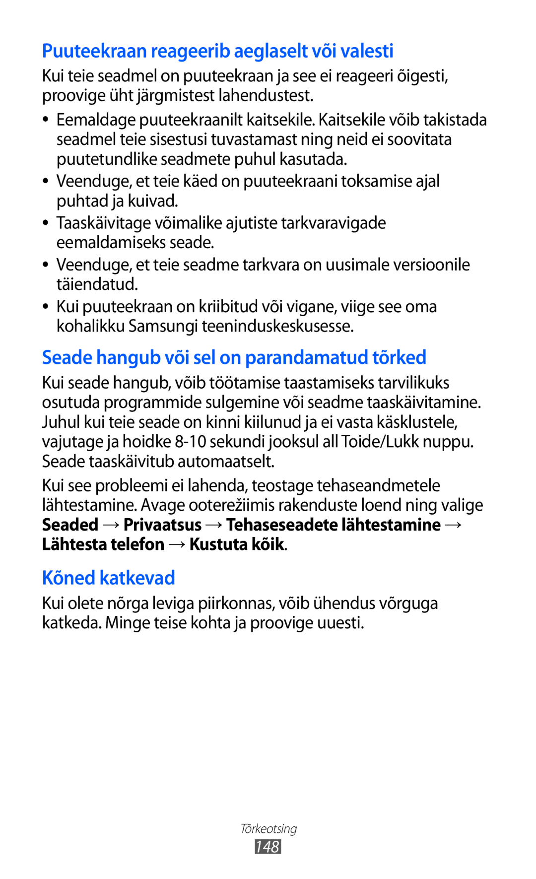 Samsung GT-I8530BAASEB manual Puuteekraan reageerib aeglaselt või valesti, 148 