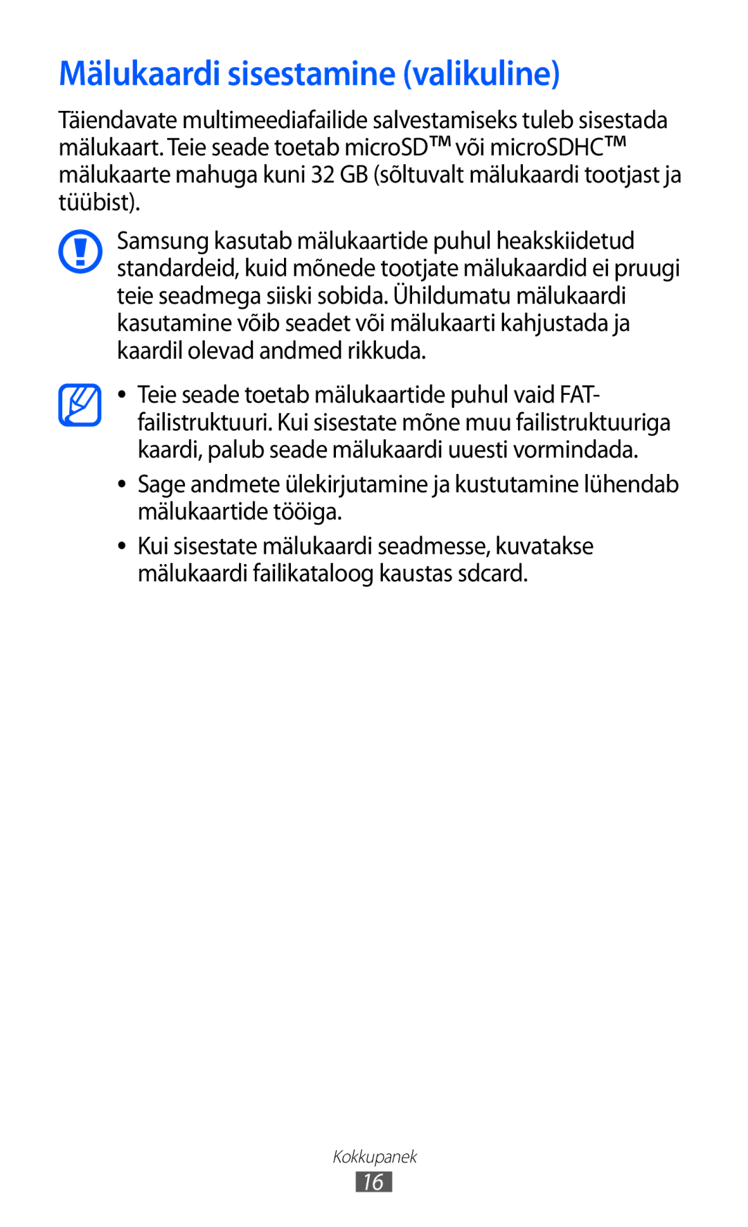 Samsung GT-I8530BAASEB manual Mälukaardi sisestamine valikuline 