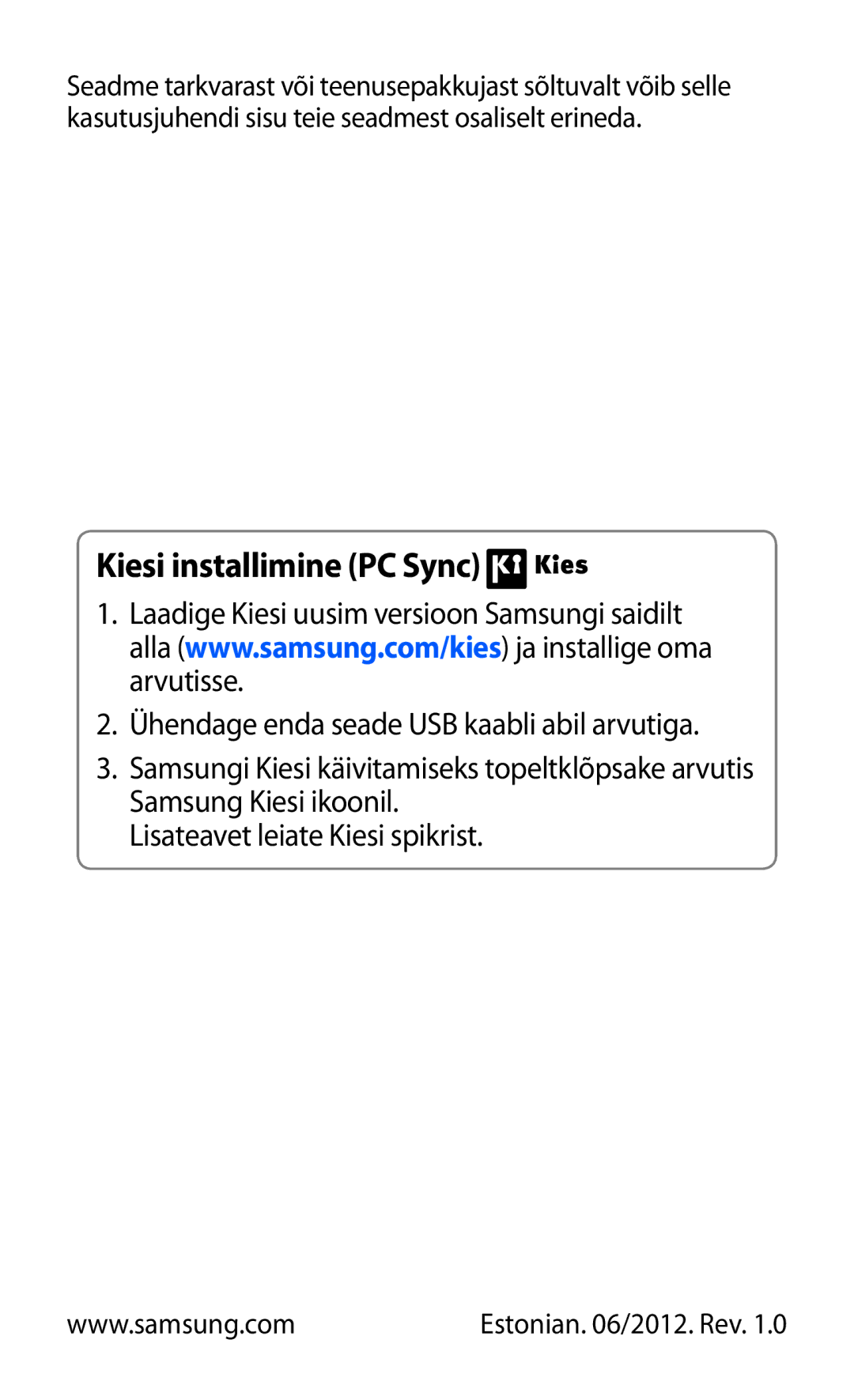 Samsung GT-I8530BAASEB manual Kiesi installimine PC Sync 