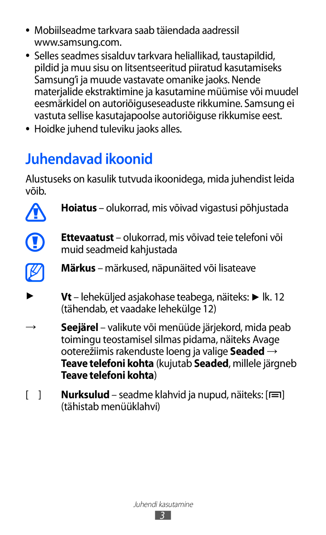 Samsung GT-I8530BAASEB manual Juhendavad ikoonid, Tähistab menüüklahvi 