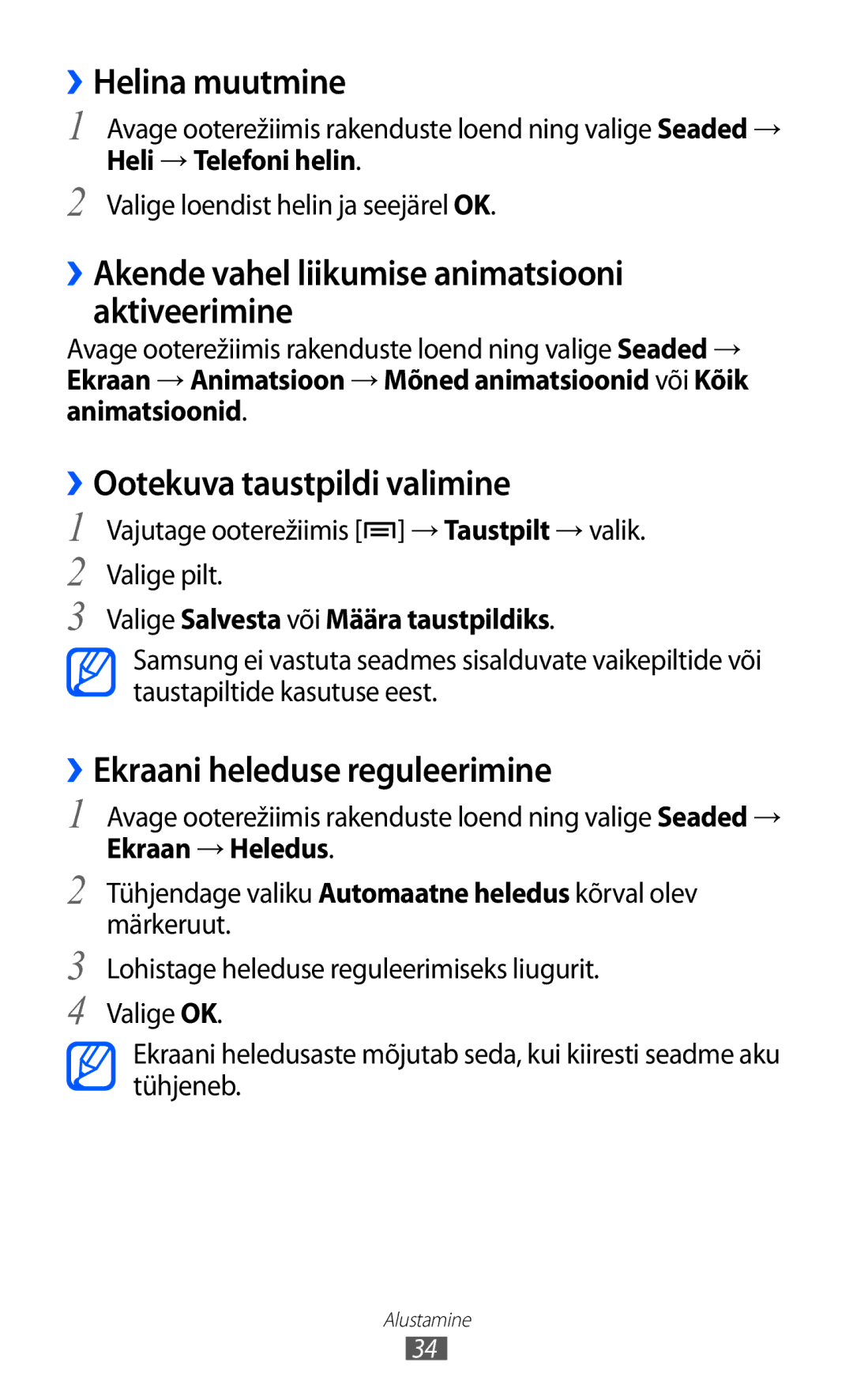 Samsung GT-I8530BAASEB manual ››Helina muutmine, ››Akende vahel liikumise animatsiooni aktiveerimine 