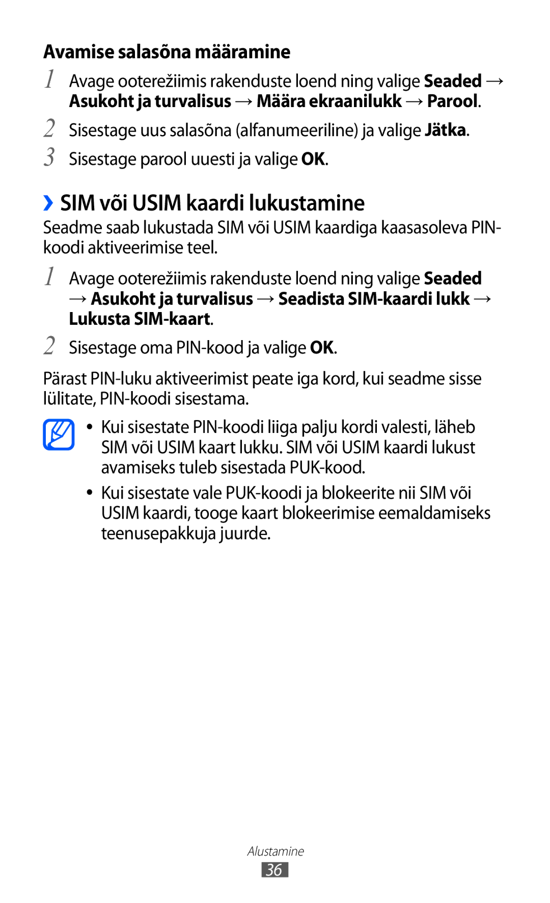 Samsung GT-I8530BAASEB manual ››SIM või Usim kaardi lukustamine, Avamise salasõna määramine 