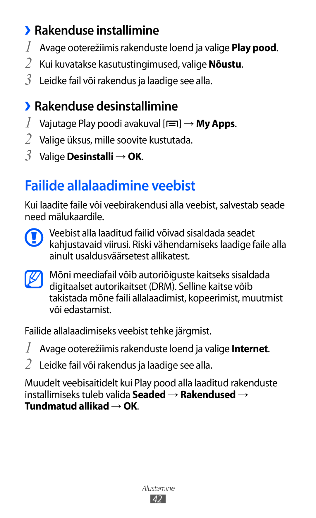 Samsung GT-I8530BAASEB manual Failide allalaadimine veebist, ››Rakenduse installimine, ››Rakenduse desinstallimine 