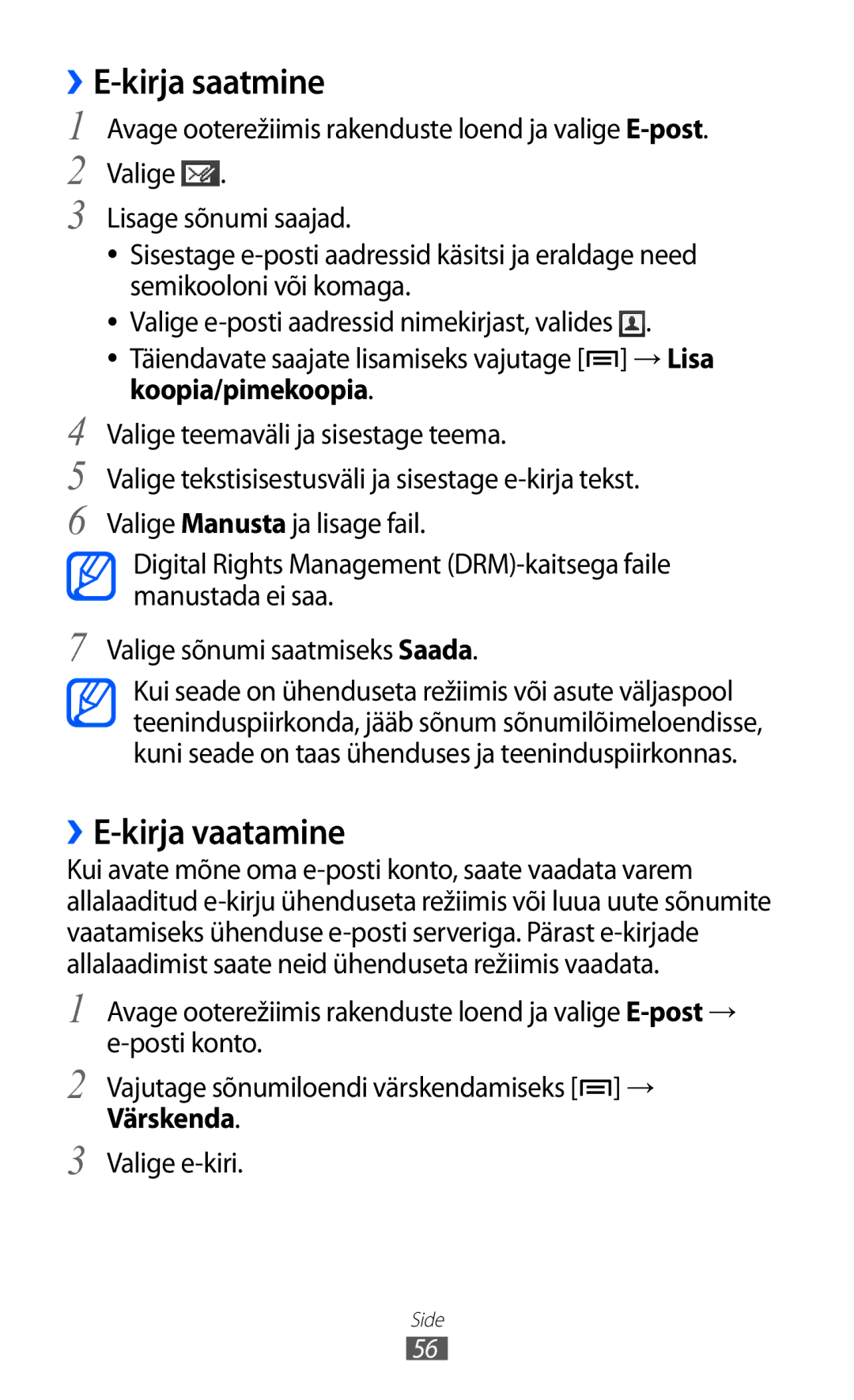 Samsung GT-I8530BAASEB manual Kirja saatmine, ››E-kirja vaatamine, Koopia/pimekoopia, Värskenda 