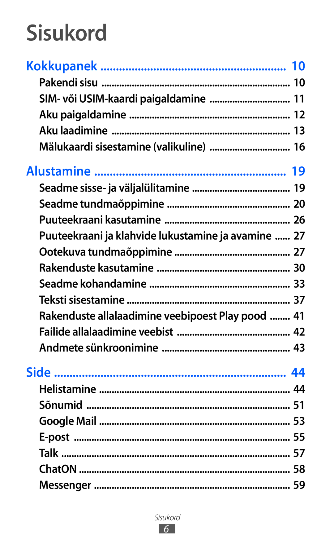 Samsung GT-I8530BAASEB manual Sisukord, Kokkupanek 