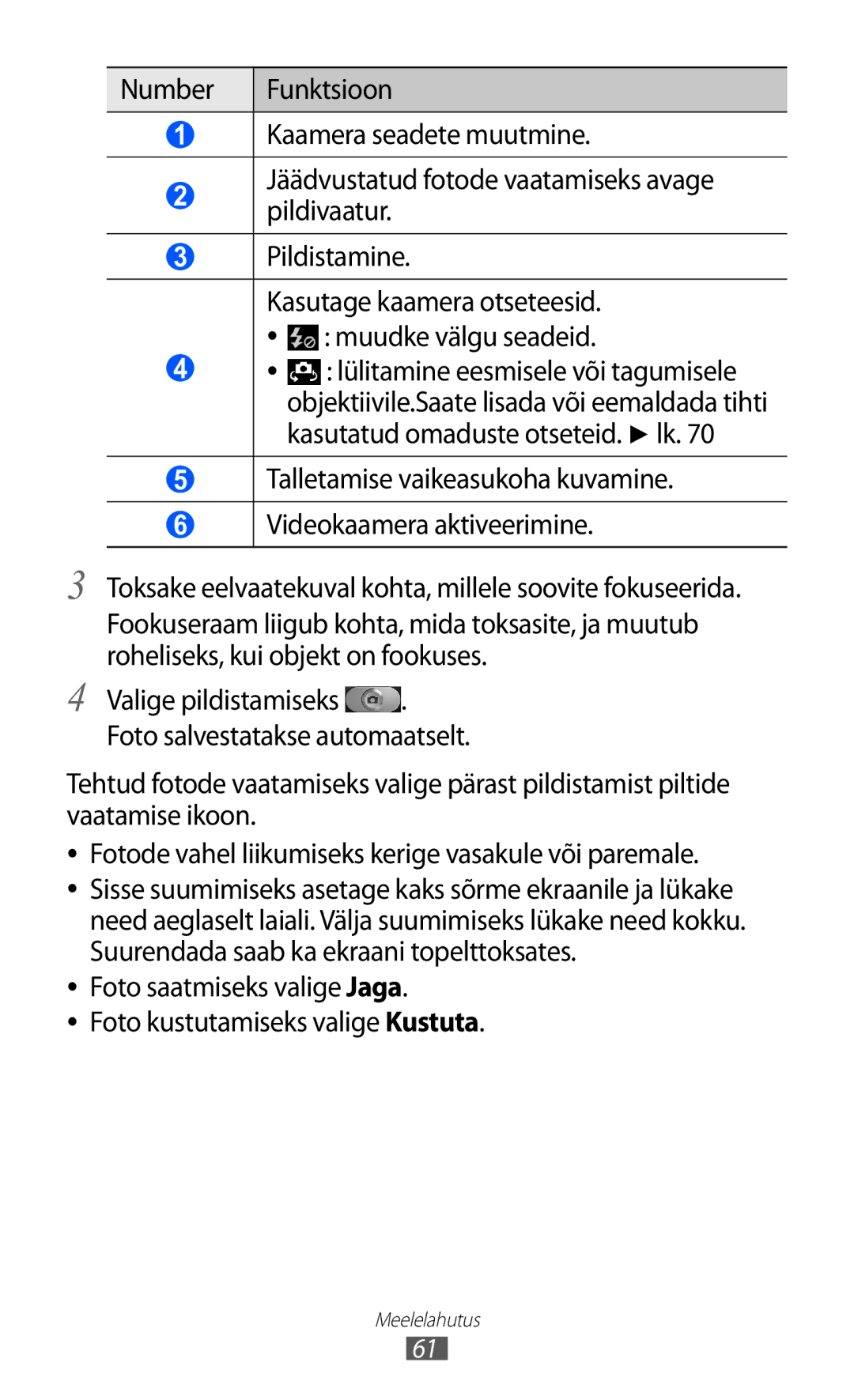 Samsung GT-I8530BAASEB manual Valige pildistamiseks . Foto salvestatakse automaatselt 