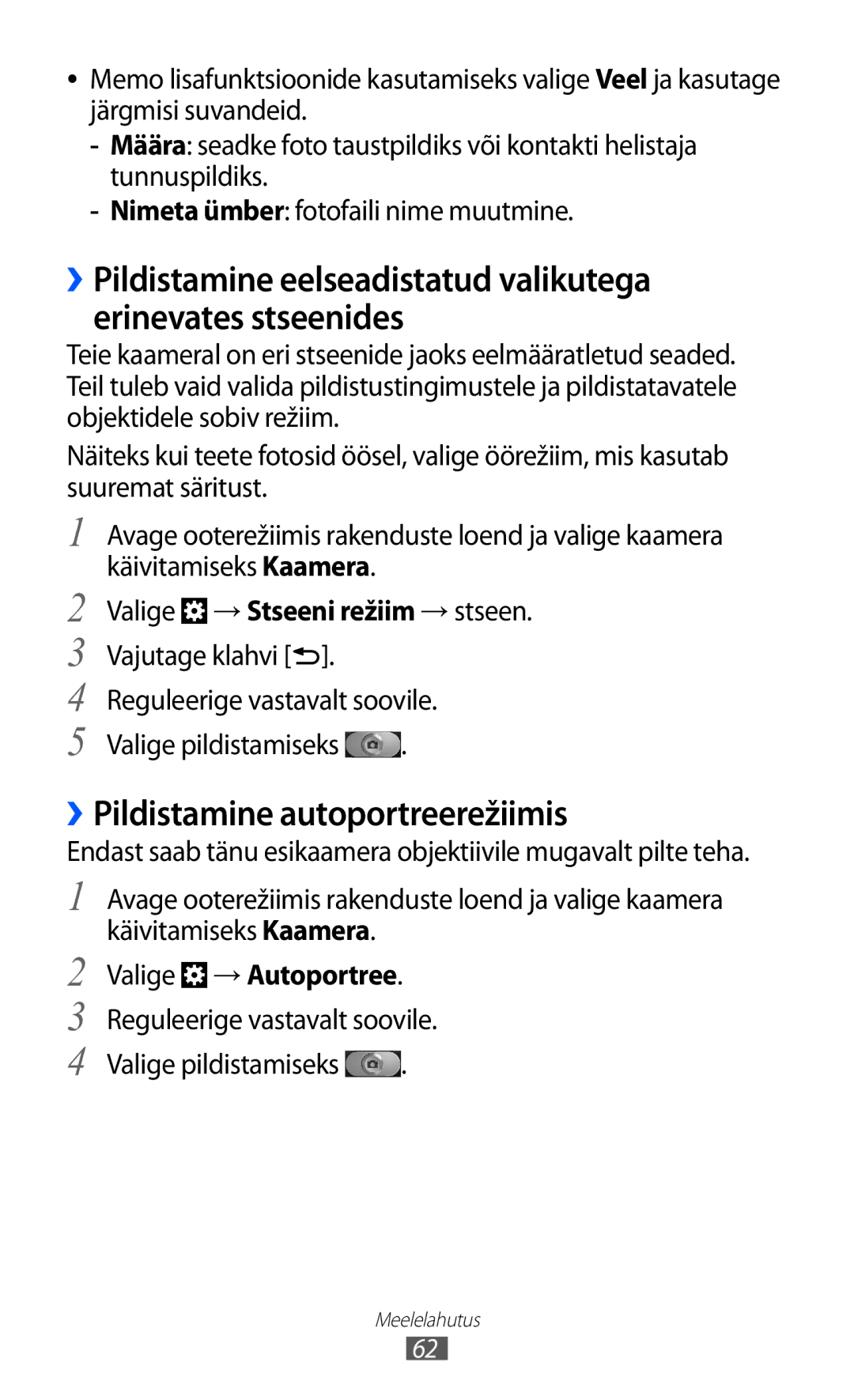 Samsung GT-I8530BAASEB manual ››Pildistamine autoportreerežiimis, Valige → Stseeni režiim → stseen, Valige → Autoportree 