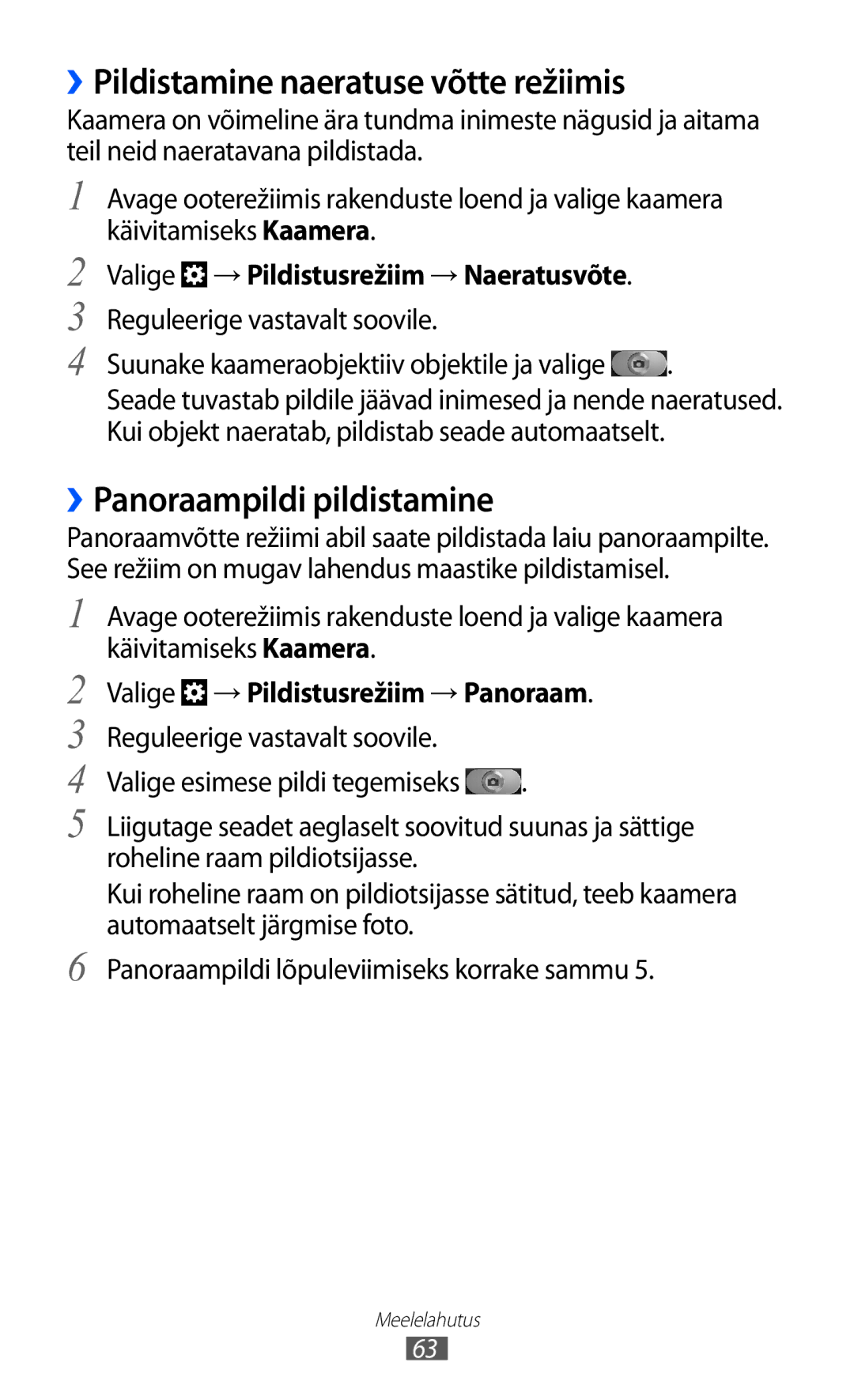 Samsung GT-I8530BAASEB manual ››Pildistamine naeratuse võtte režiimis, ››Panoraampildi pildistamine 