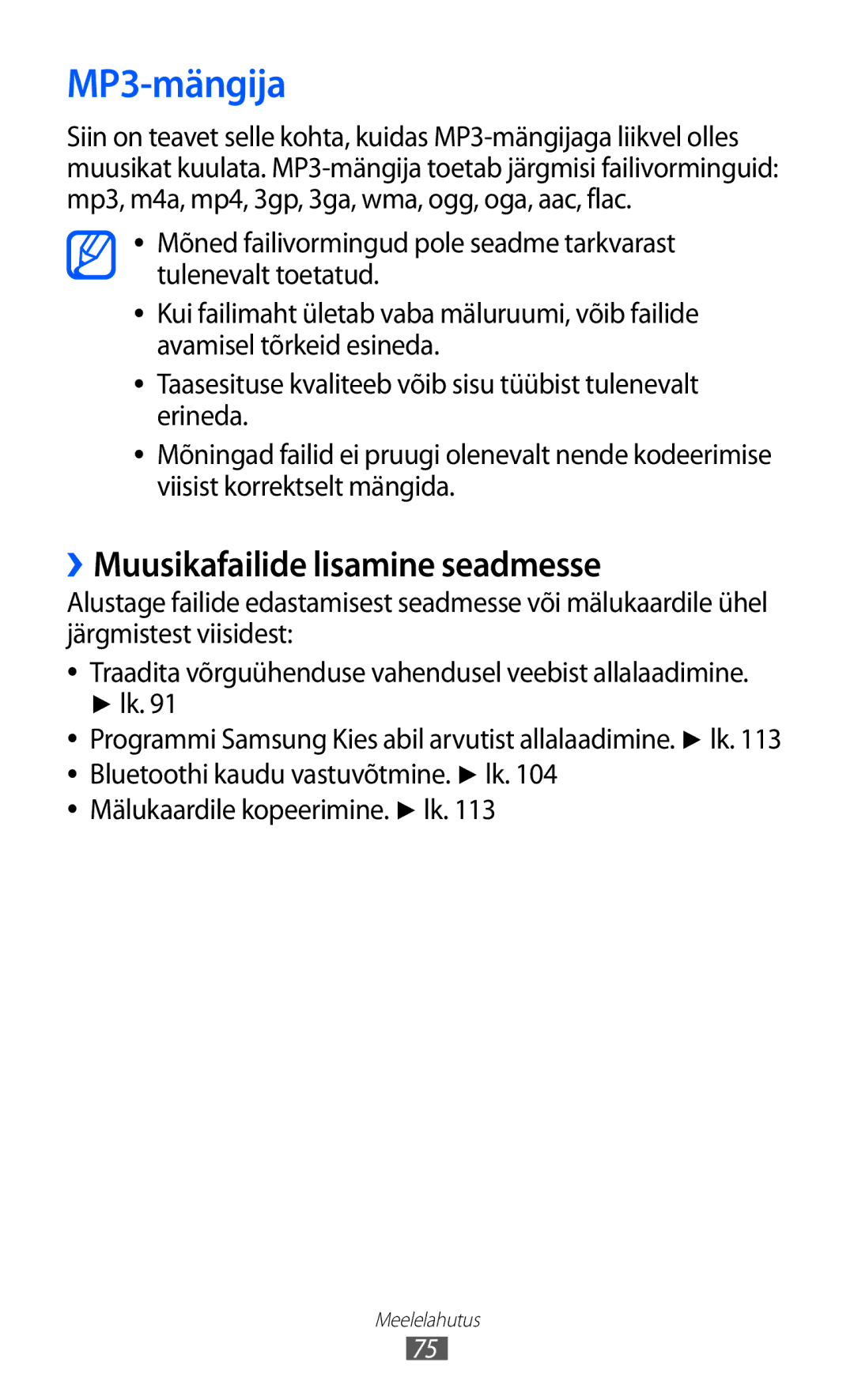 Samsung GT-I8530BAASEB manual MP3-mängija, ››Muusikafailide lisamine seadmesse 