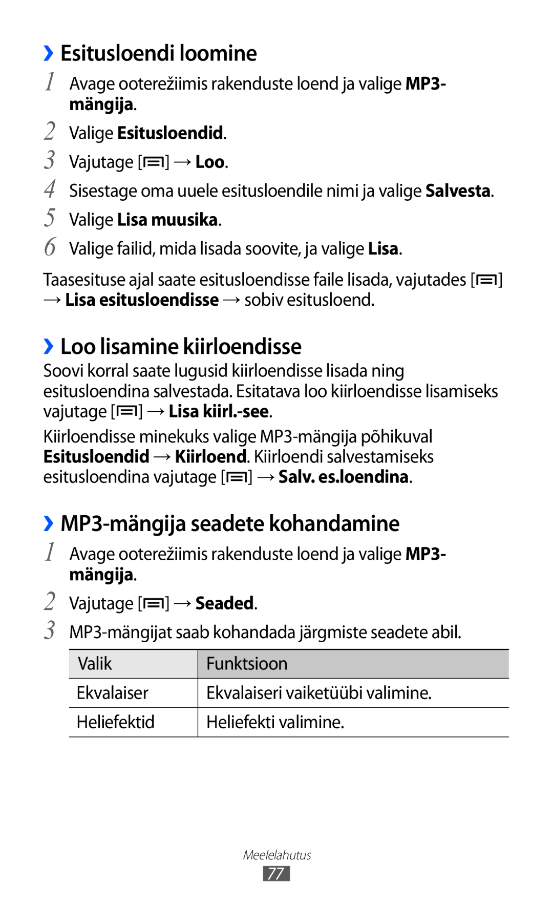 Samsung GT-I8530BAASEB manual ››Esitusloendi loomine, ››Loo lisamine kiirloendisse, ››MP3-mängija seadete kohandamine 