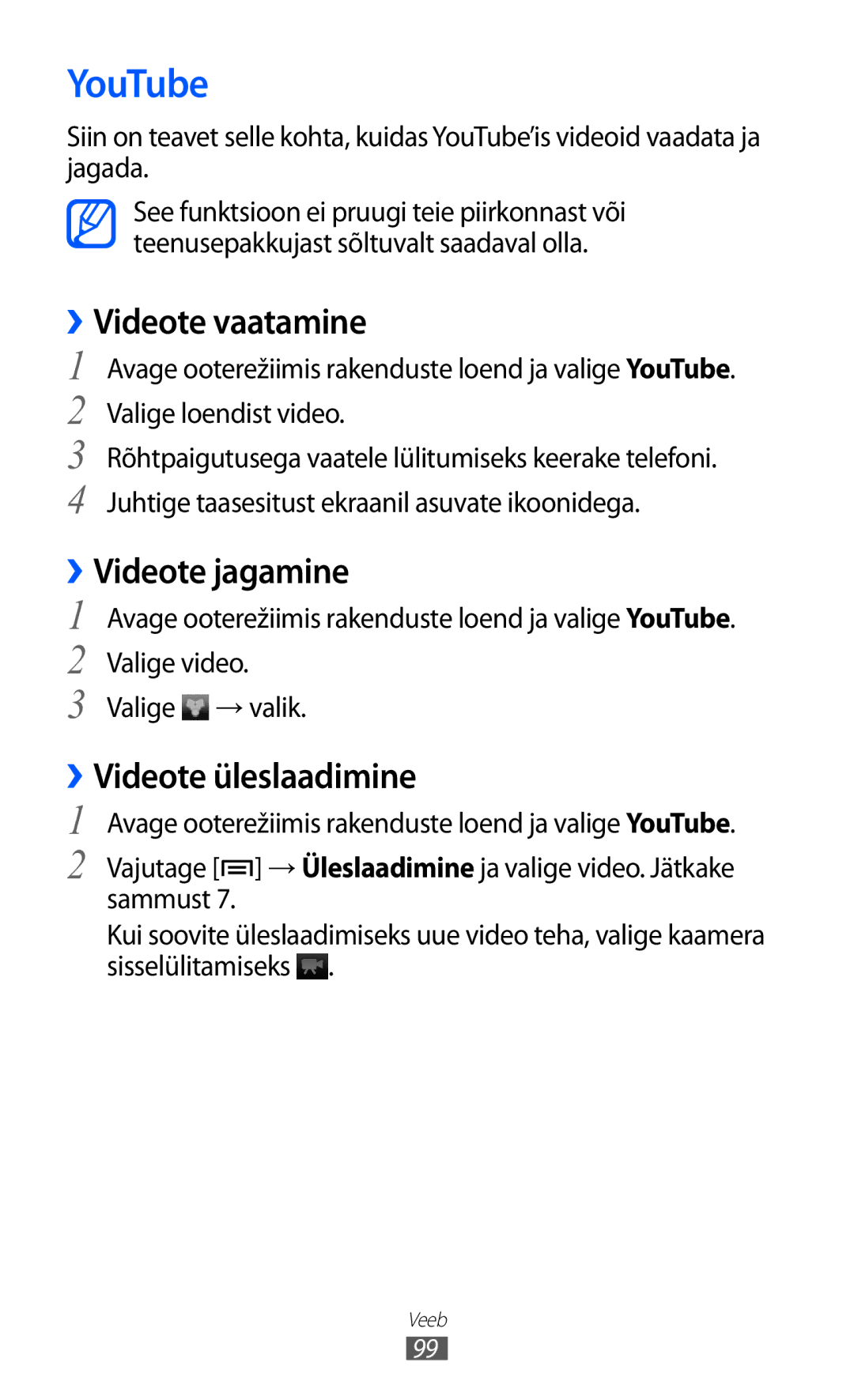 Samsung GT-I8530BAASEB manual YouTube, ››Videote vaatamine, ››Videote jagamine, ››Videote üleslaadimine 