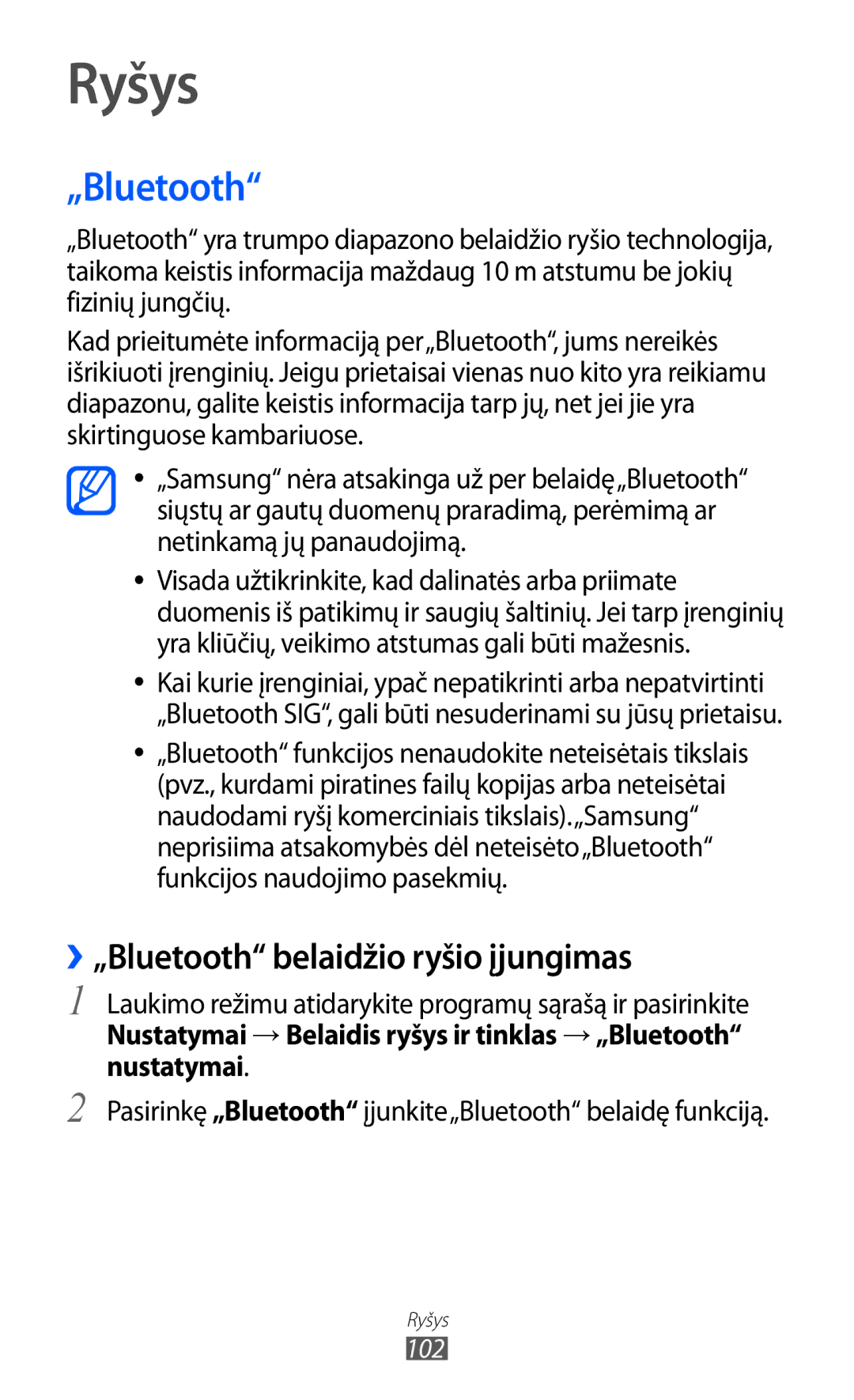 Samsung GT-I8530BAASEB manual Ryšys, ››„Bluetooth belaidžio ryšio įjungimas 