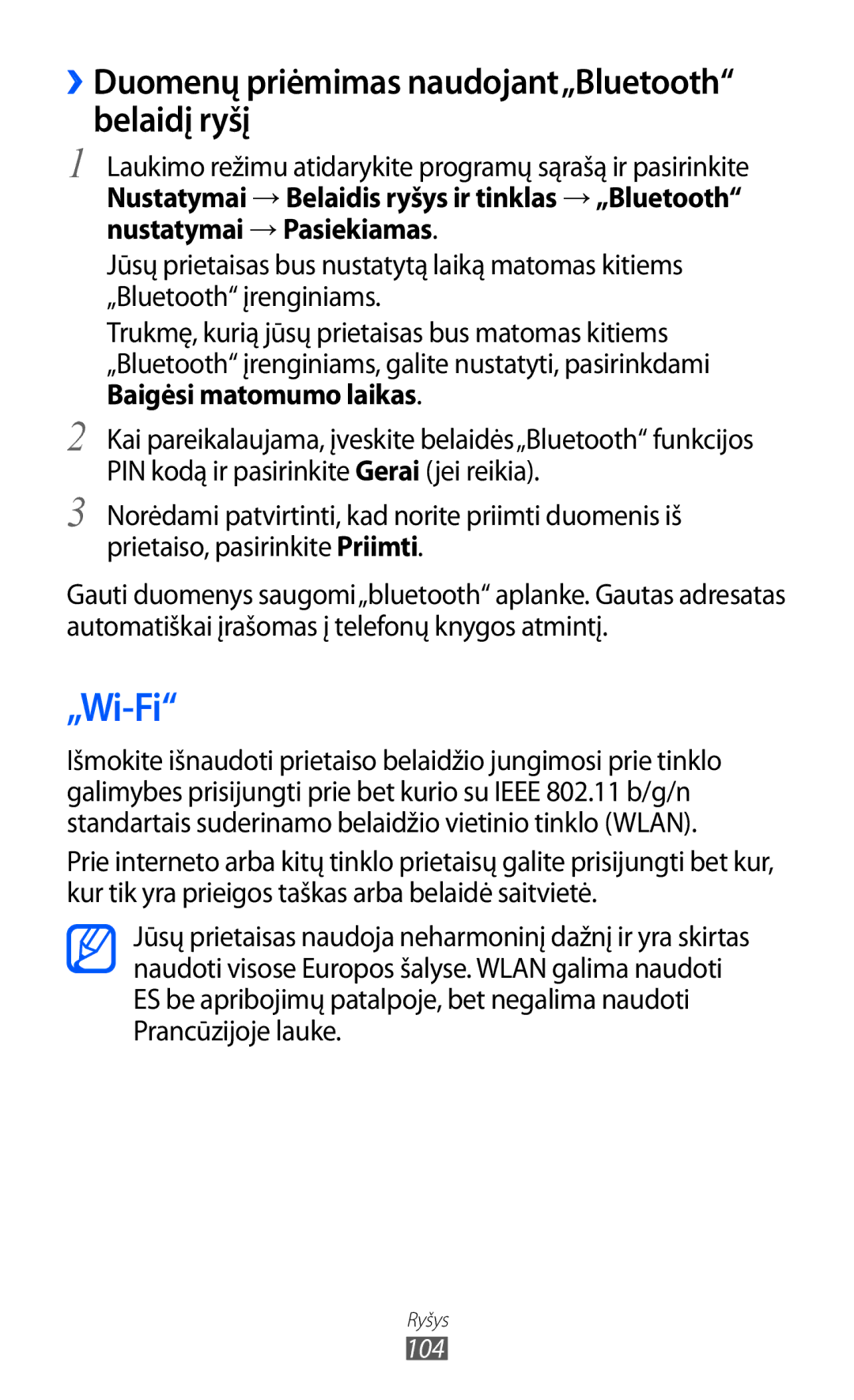 Samsung GT-I8530BAASEB manual „Wi-Fi, ››Duomenų priėmimas naudojant„Bluetooth belaidį ryšį 