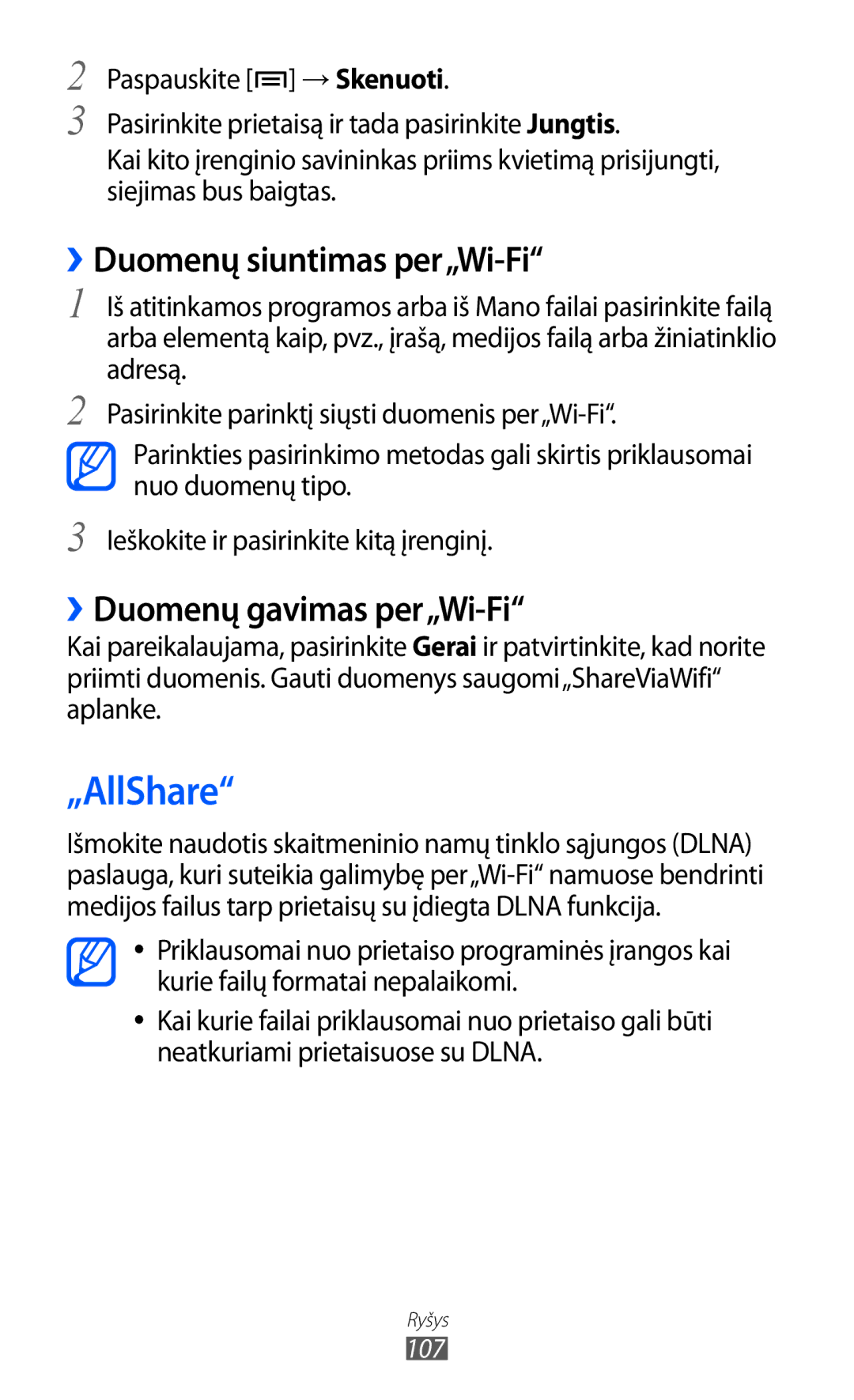 Samsung GT-I8530BAASEB manual „AllShare, ››Duomenų siuntimas per„Wi-Fi, ››Duomenų gavimas per„Wi-Fi 