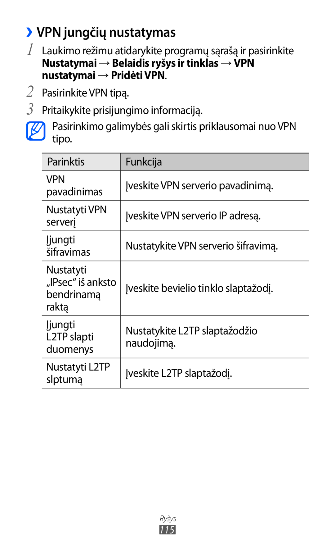 Samsung GT-I8530BAASEB manual ››VPN jungčių nustatymas, Įveskite VPN serverio pavadinimą, Pavadinimas 