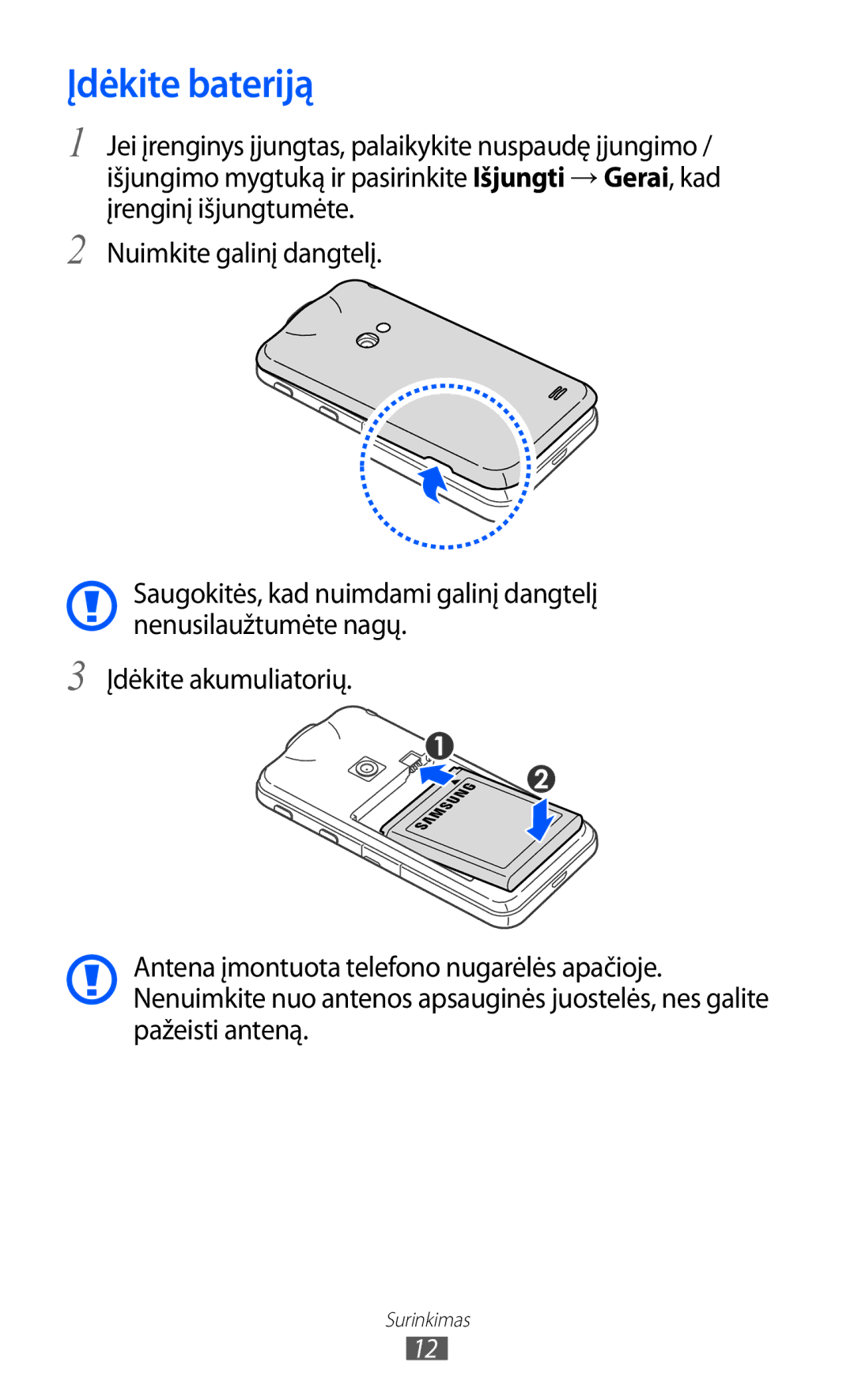 Samsung GT-I8530BAASEB manual Įdėkite bateriją 