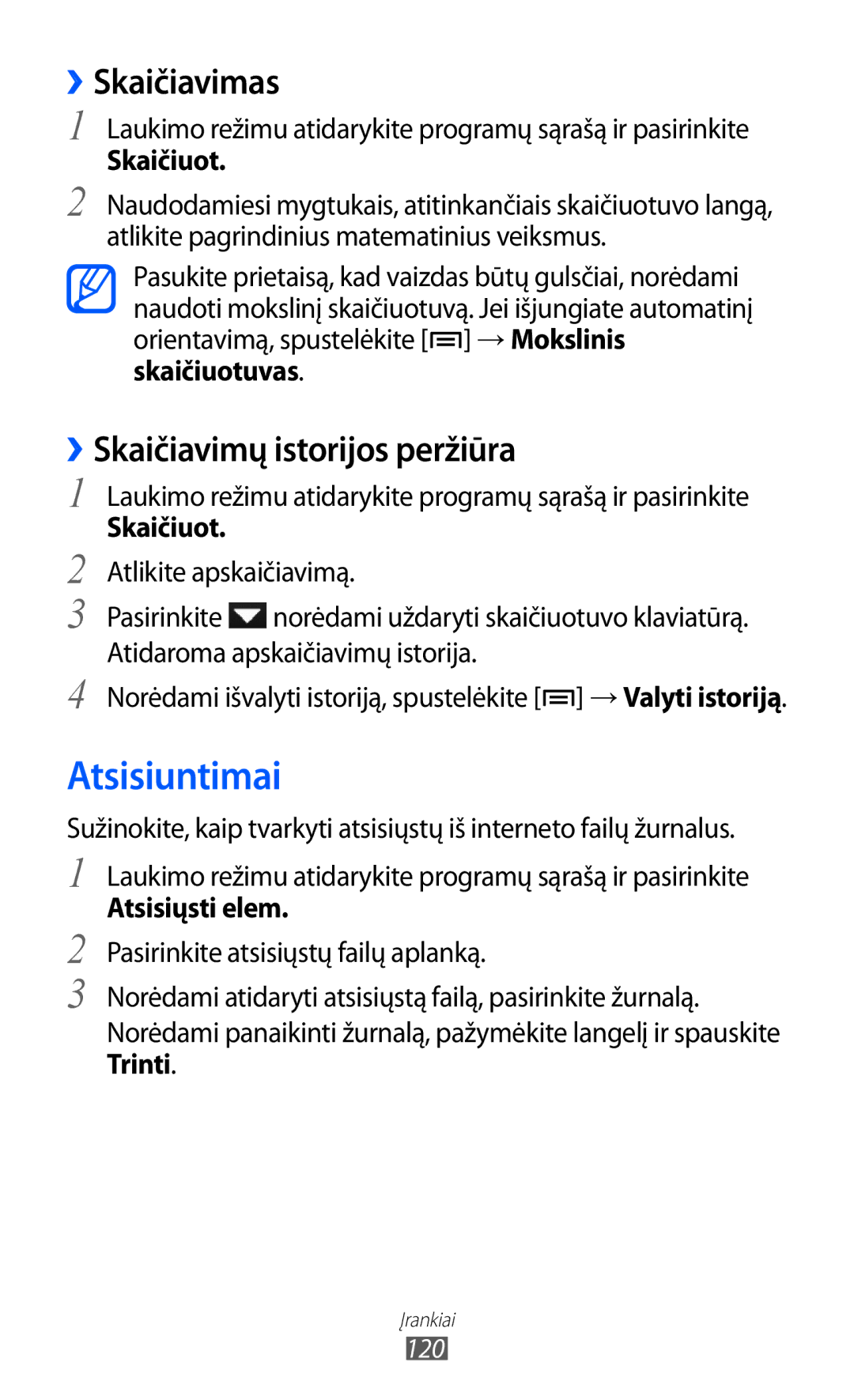 Samsung GT-I8530BAASEB manual Atsisiuntimai, ››Skaičiavimas, ››Skaičiavimų istorijos peržiūra, Skaičiuot, Atsisiųsti elem 