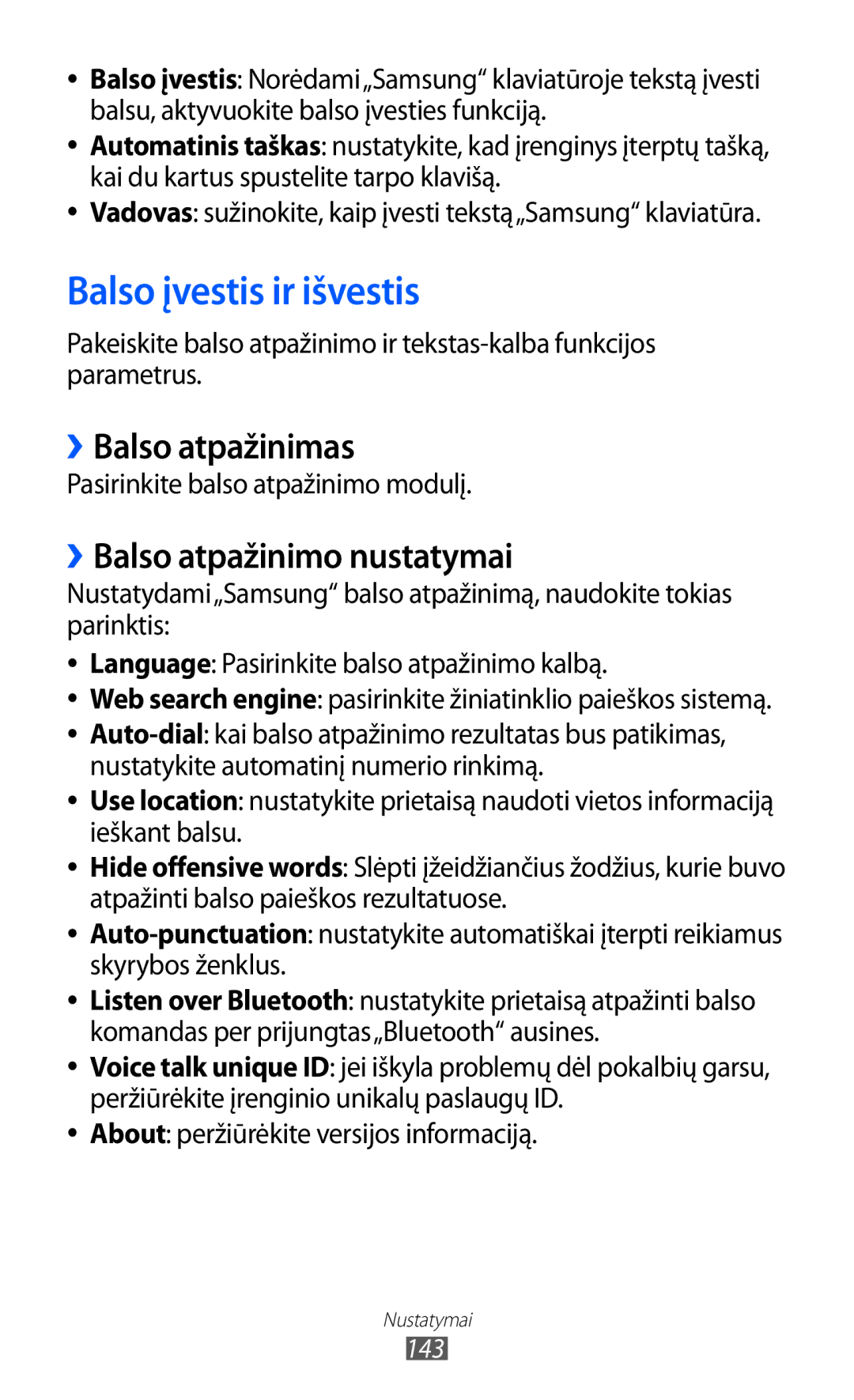 Samsung GT-I8530BAASEB manual Balso įvestis ir išvestis, ››Balso atpažinimas, ››Balso atpažinimo nustatymai 