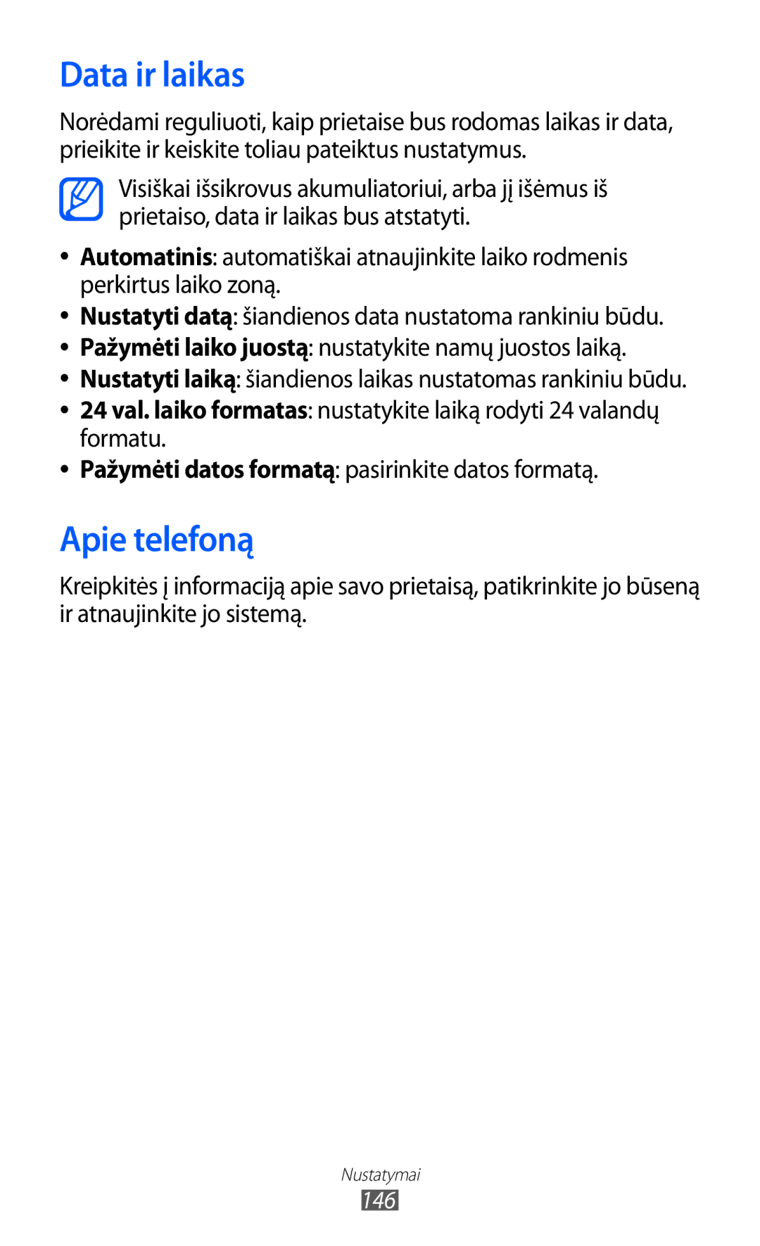 Samsung GT-I8530BAASEB manual Data ir laikas, Apie telefoną 