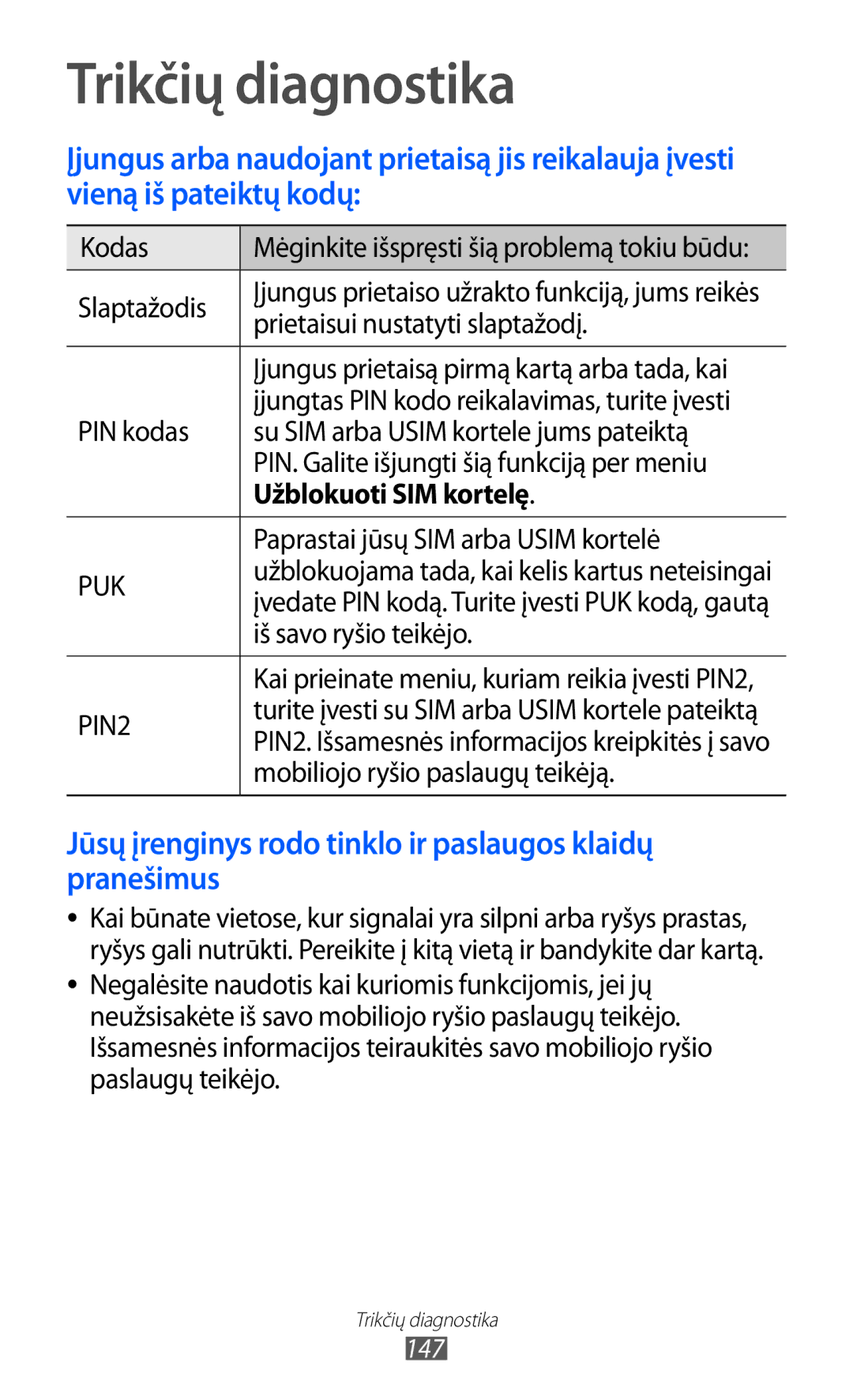 Samsung GT-I8530BAASEB manual Trikčių diagnostika, Užblokuoti SIM kortelę 