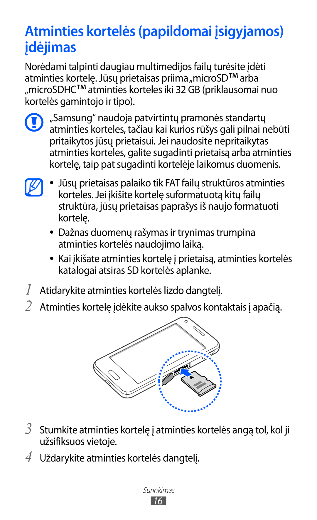 Samsung GT-I8530BAASEB manual Atminties kortelės papildomai įsigyjamos įdėjimas 