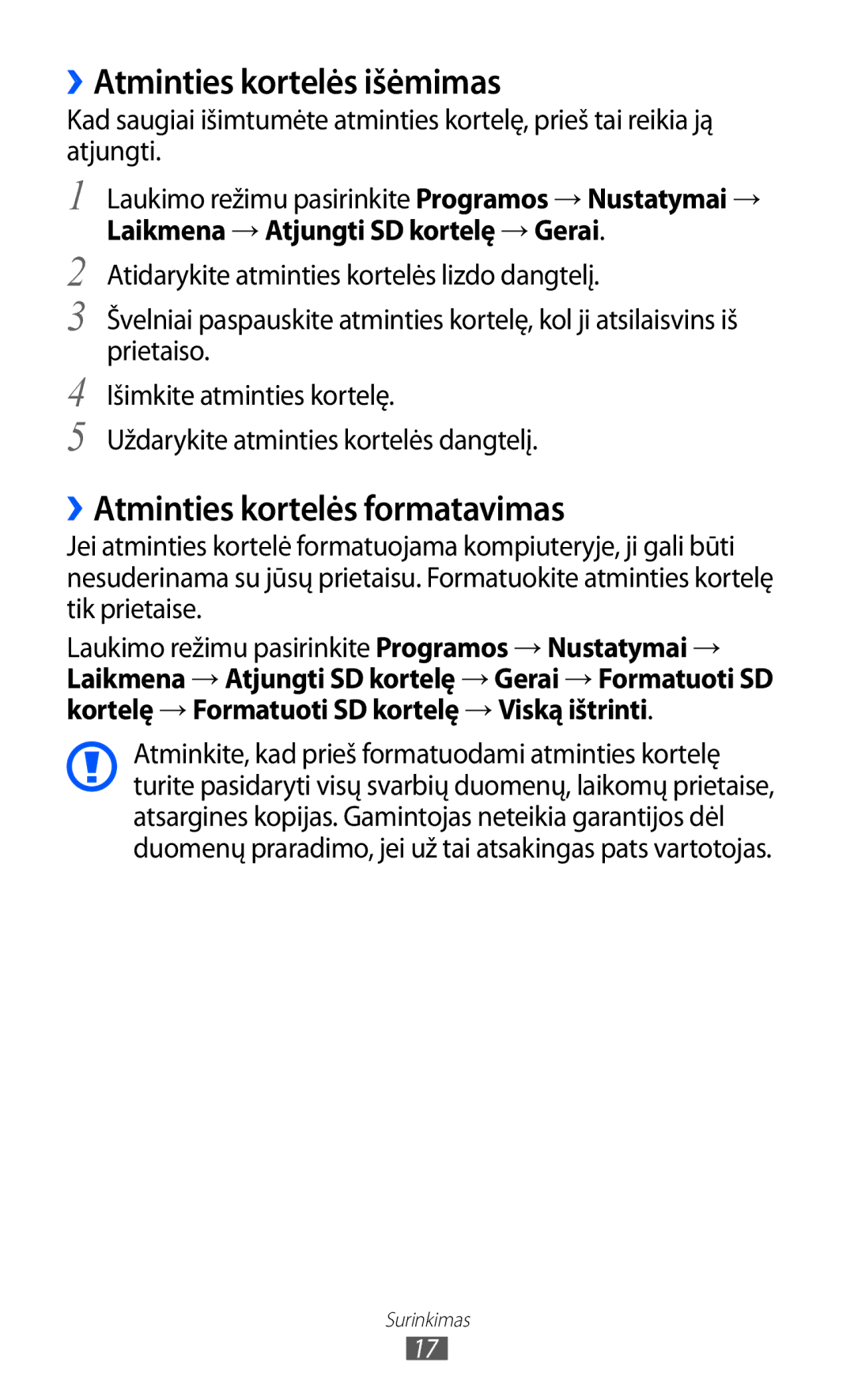 Samsung GT-I8530BAASEB manual ››Atminties kortelės išėmimas, ››Atminties kortelės formatavimas 