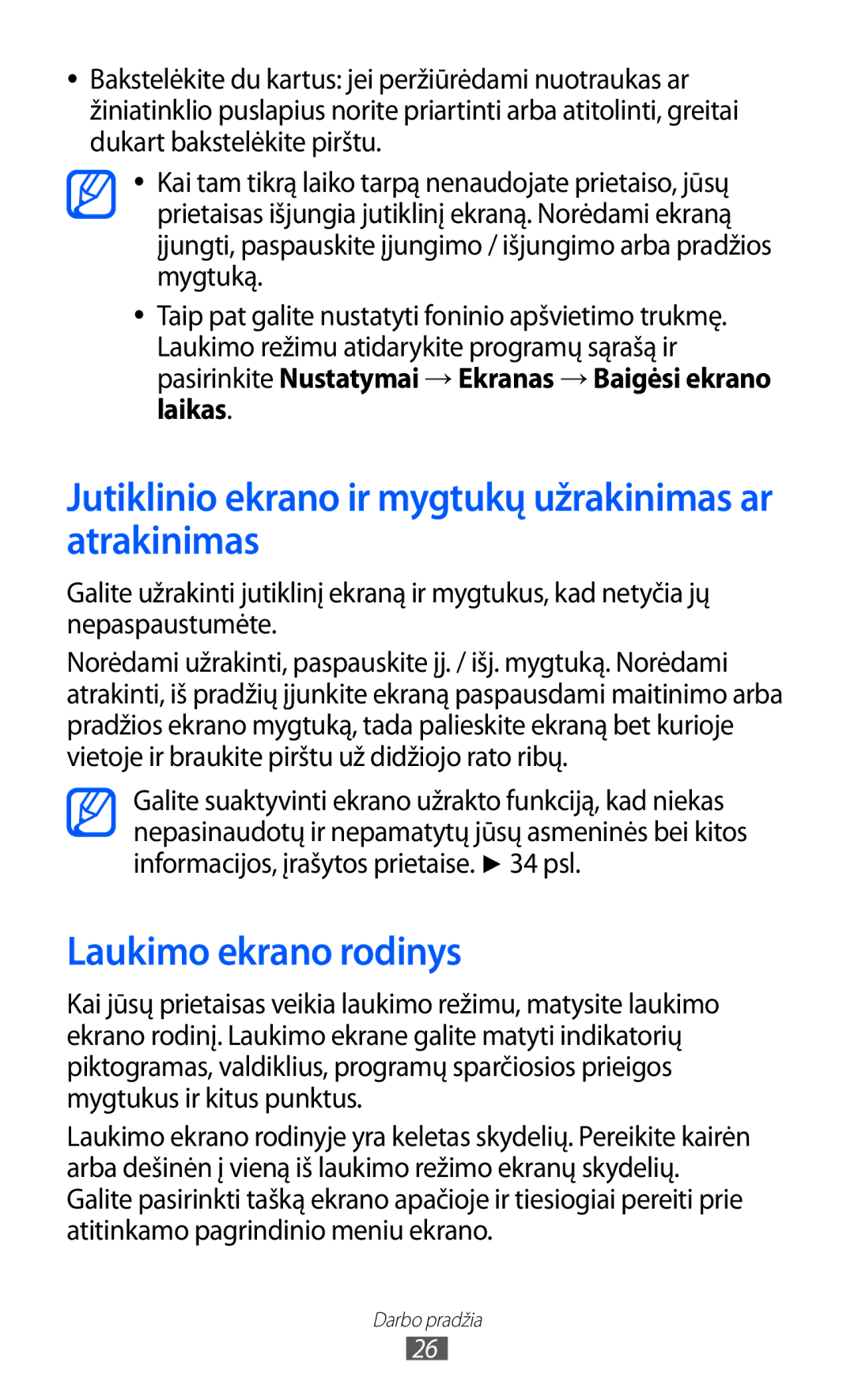 Samsung GT-I8530BAASEB manual Jutiklinio ekrano ir mygtukų užrakinimas ar atrakinimas, Laukimo ekrano rodinys 