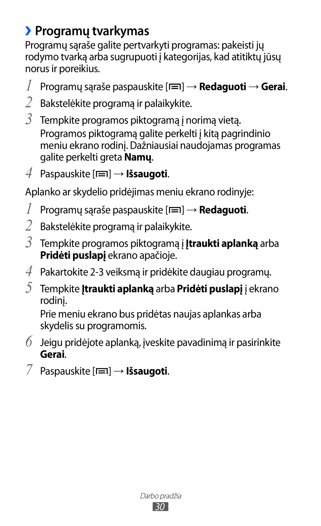 Samsung GT-I8530BAASEB manual ››Programų tvarkymas, Pridėti puslapį ekrano apačioje, Rodinį, Skydelis su programomis, Gerai 