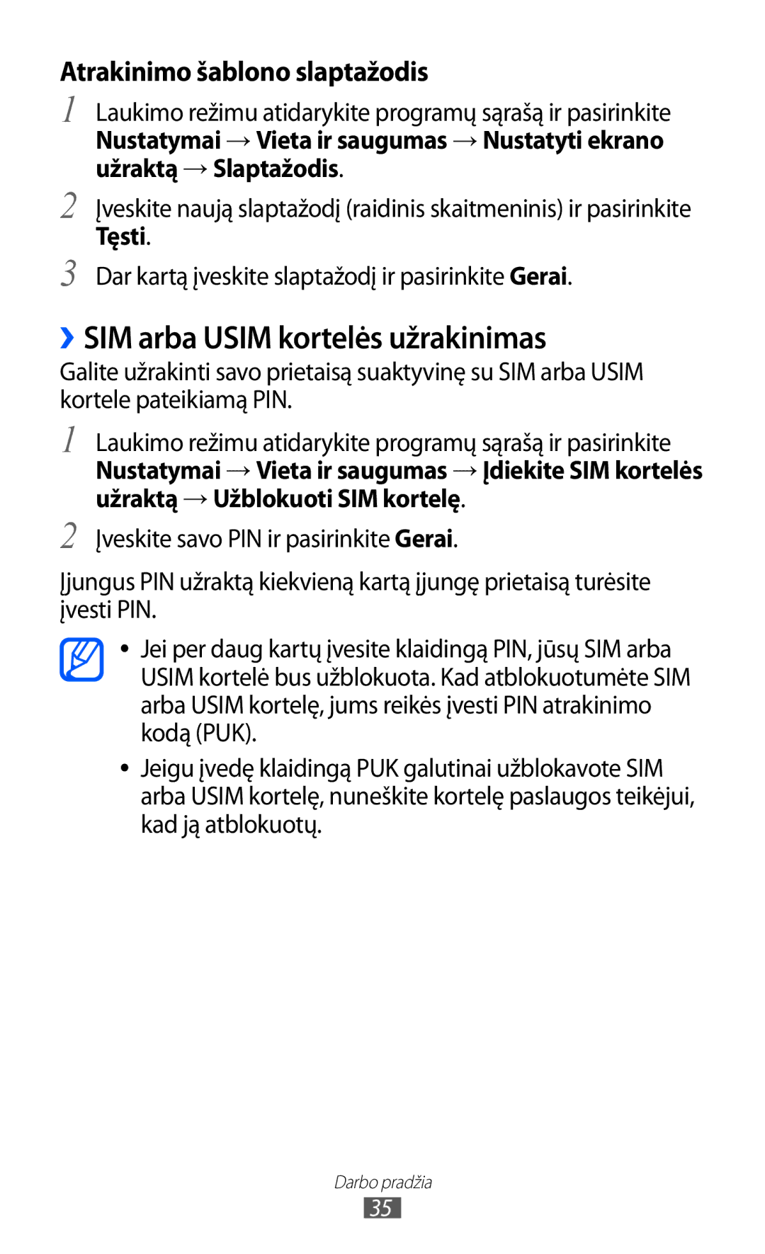 Samsung GT-I8530BAASEB manual ››SIM arba Usim kortelės užrakinimas, Atrakinimo šablono slaptažodis 