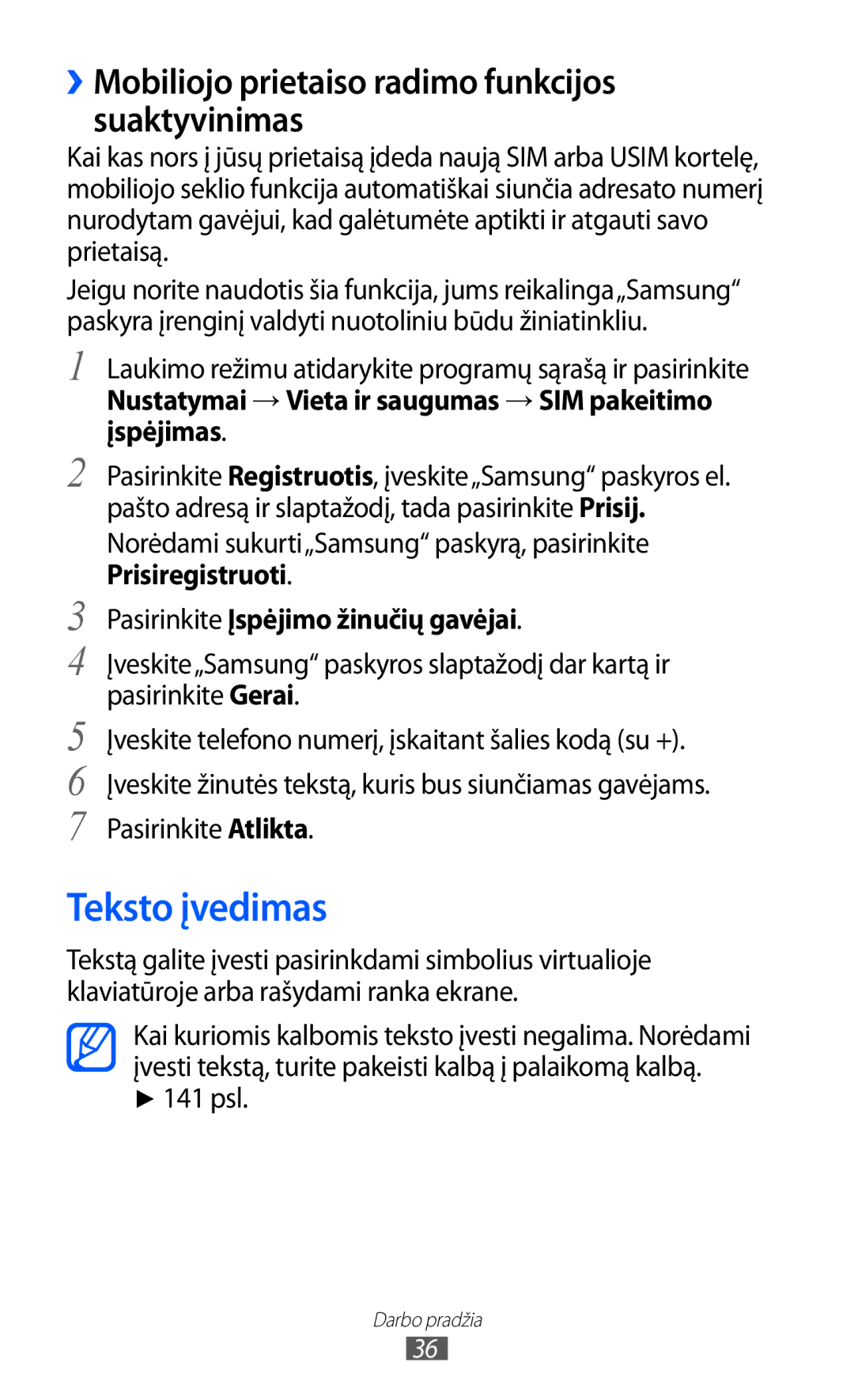 Samsung GT-I8530BAASEB manual Teksto įvedimas, ››Mobiliojo prietaiso radimo funkcijos suaktyvinimas, 141 psl 