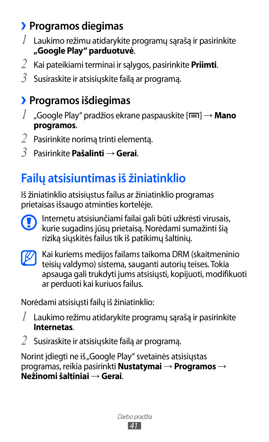 Samsung GT-I8530BAASEB manual Failų atsisiuntimas iš žiniatinklio, ››Programos diegimas, ››Programos išdiegimas 